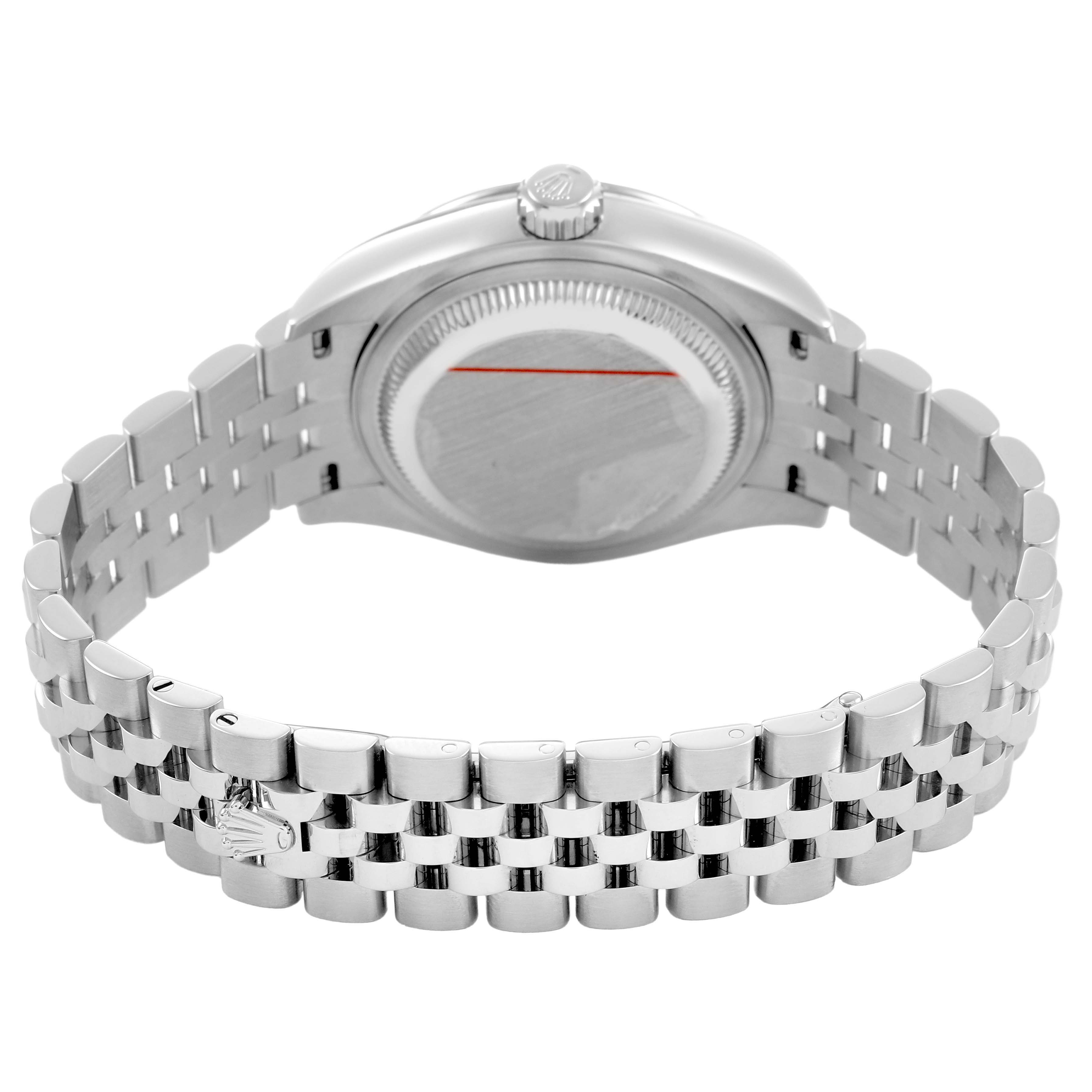 The image shows the back and side view of a Rolex Datejust 279174 Women's Stainless Steel White Dial, including the Jubilee bracelet and crown.