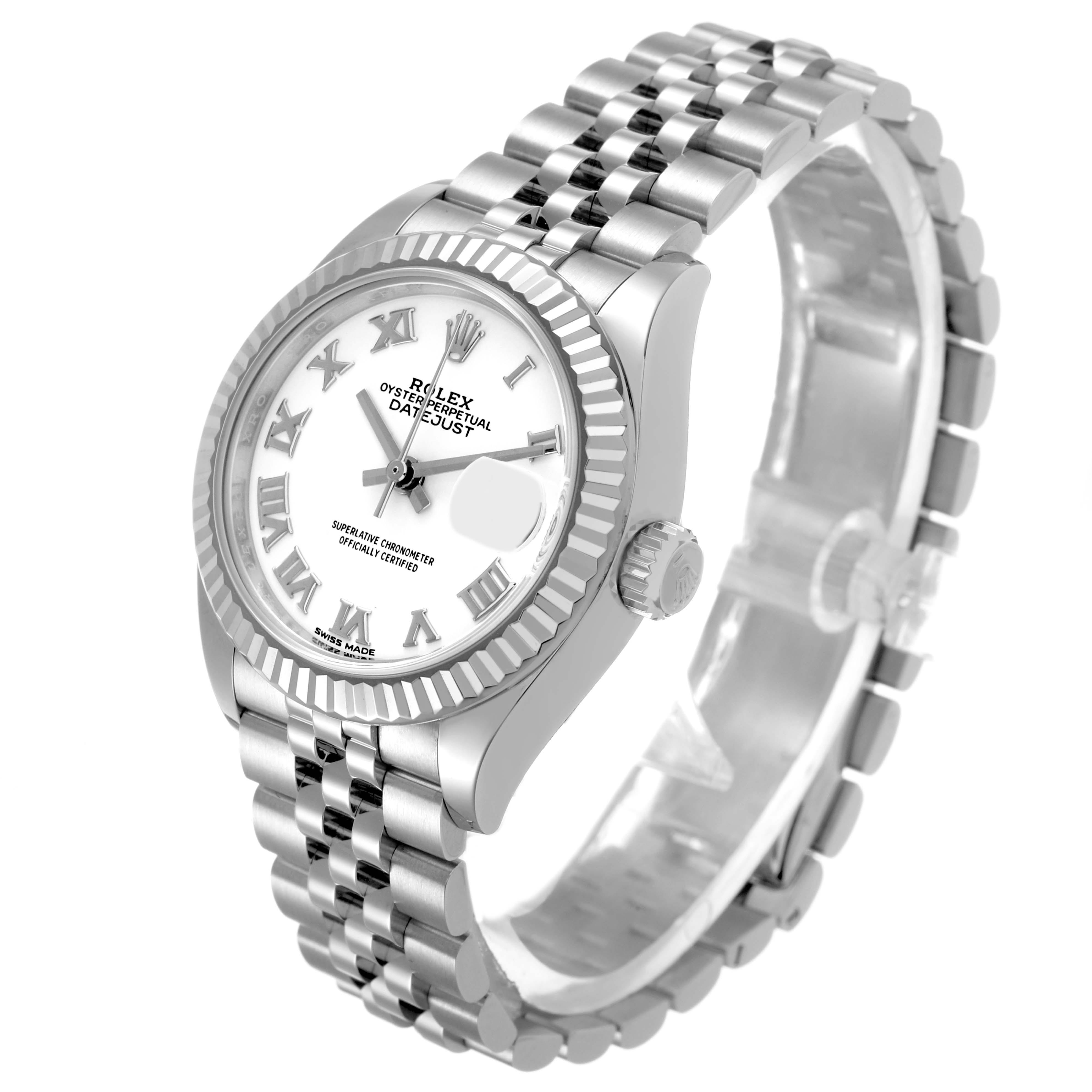 The Rolex Datejust 279174 Women's Stainless Steel White Dial is shown at an angle highlighting the dial, bezel, crown, and bracelet.