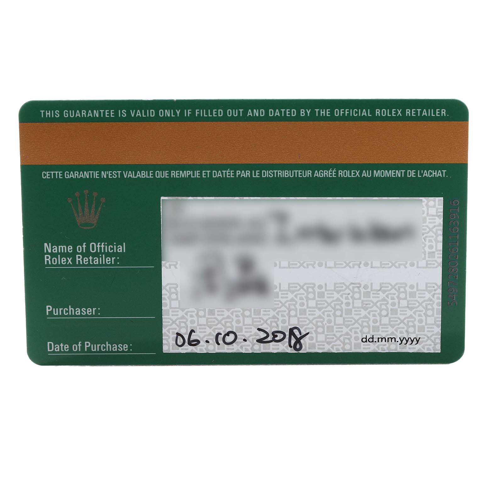 The image shows a warranty card for the Rolex Datejust 279174 Women's Stainless Steel White Dial, displaying retailer and purchase details.