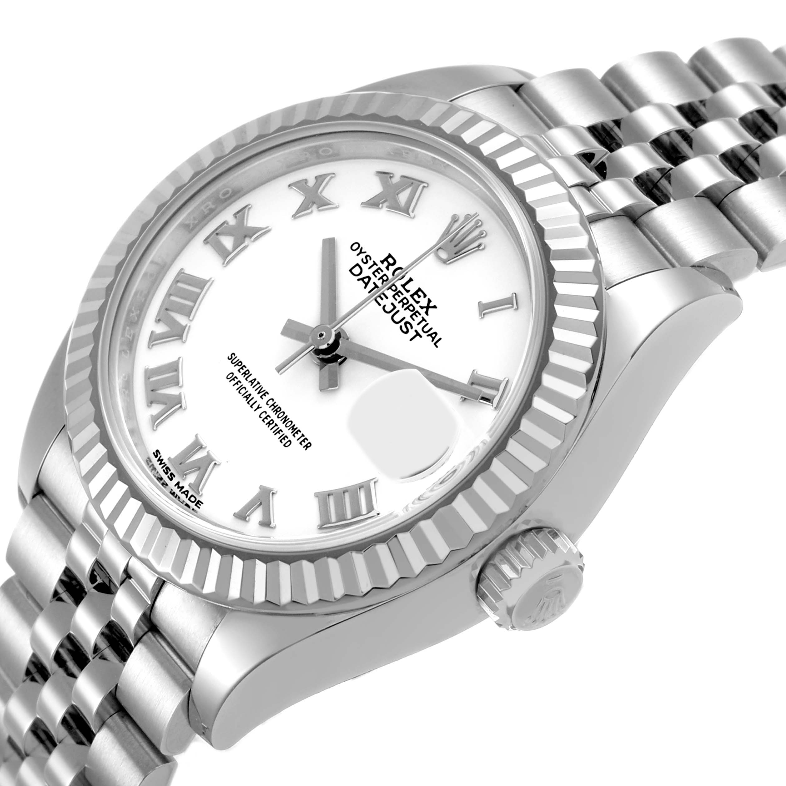 The Rolex Datejust 279174 Women's Stainless Steel White Dial watch is shown at a slight angle, highlighting the dial, fluted bezel, crown, and part of the bracelet.