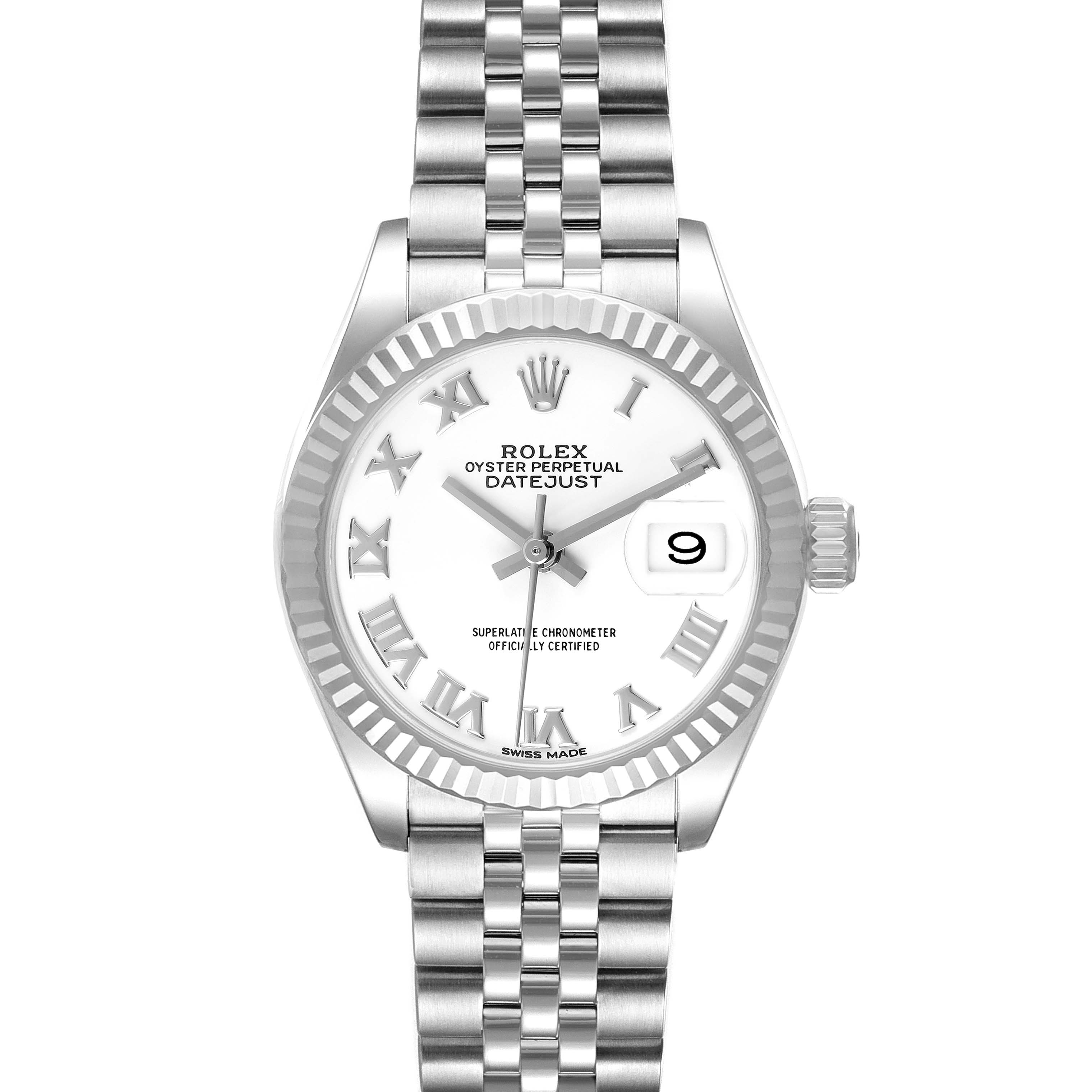 The Rolex Datejust 279174 Women's Stainless Steel White Dial watch is shown from the front, highlighting the dial, bezel, bracelet, and date window.