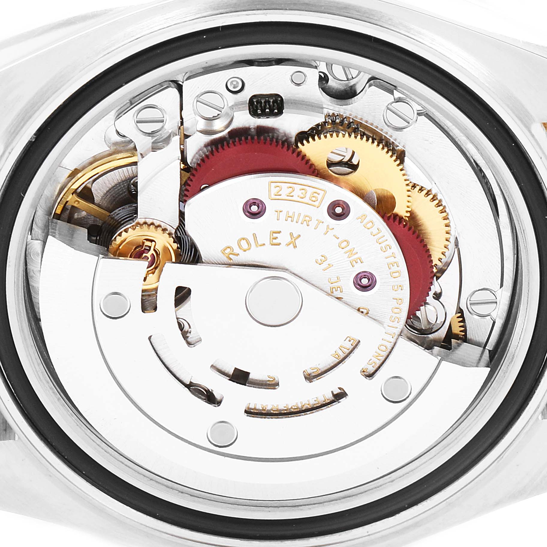 The image shows the internal movement mechanism of the Rolex Datejust 279173 Women
s Steel and Gold (two tone) Silver Dial 279173 Women
s Steel and Gold (two tone) Silver Dial watch from a top-down angle.