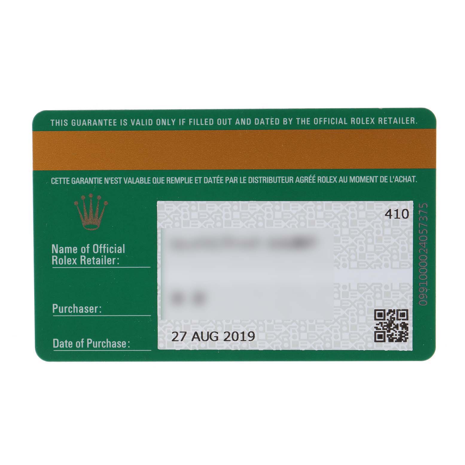 The image shows the warranty card for a Rolex Datejust 279173 Women
s Steel and Gold (two tone) Silver Dial 279173 Women
s Steel and Gold (two tone) Silver Dial watch, viewed from the front angle.