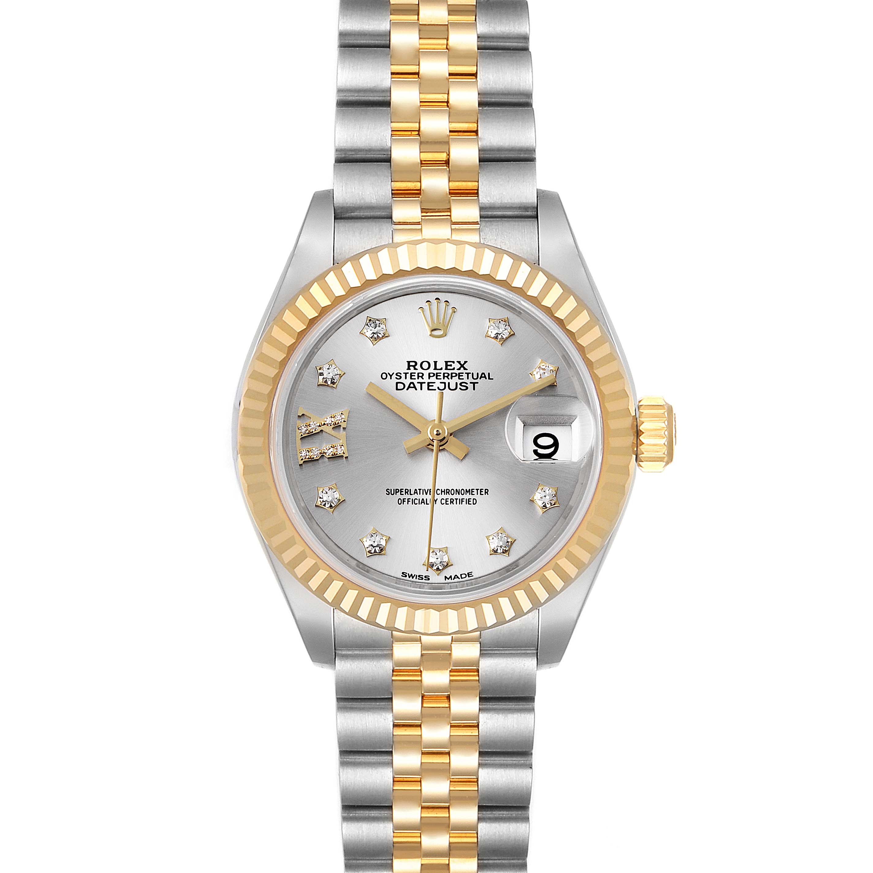The image shows a front view of a Rolex Datejust 279173 Women
s Steel and Gold (two tone) Silver Dial 279173 Women
s Steel and Gold (two tone) Silver Dial watch with a two-tone bracelet and a silver dial.