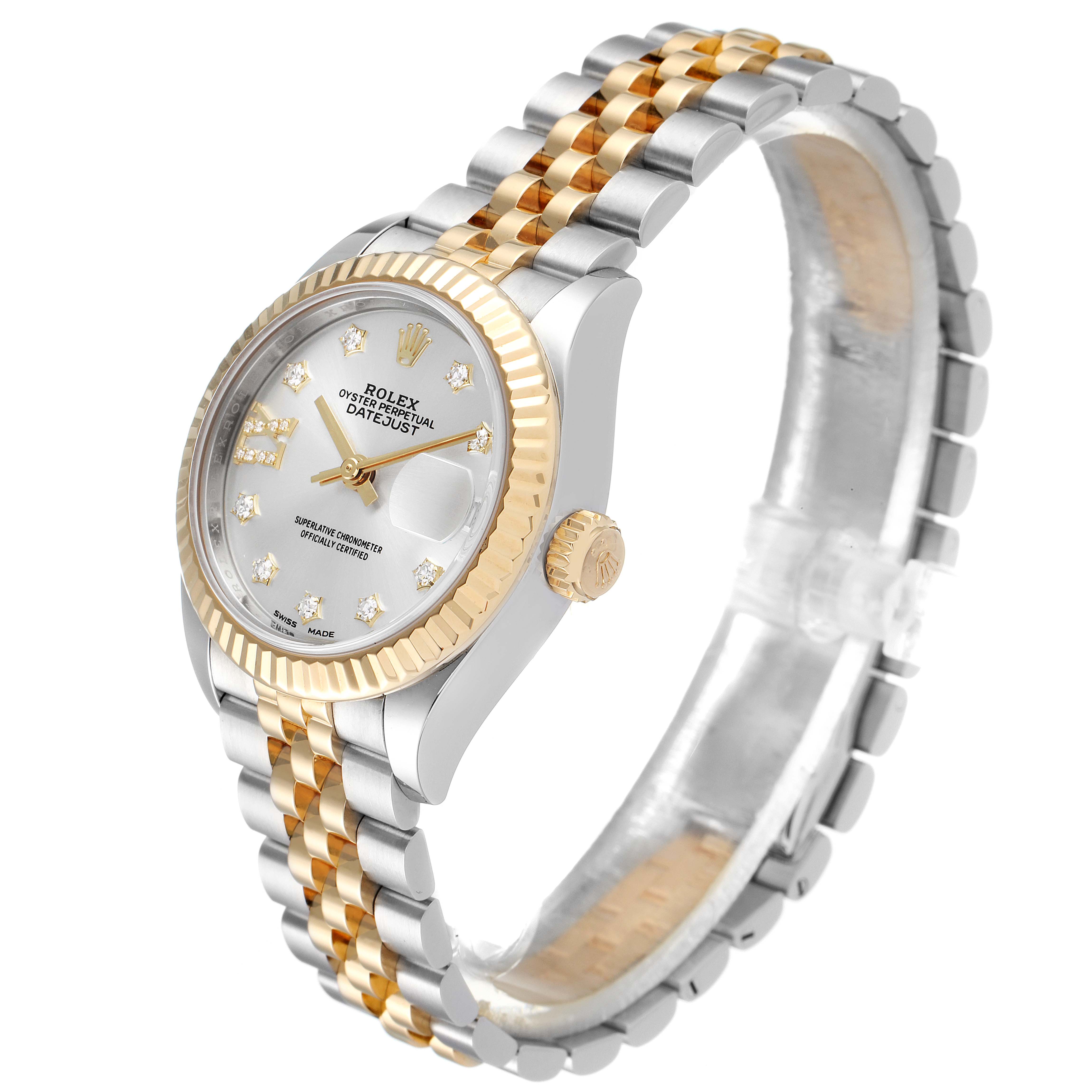 The image shows a side angle of a Rolex Datejust 279173 Women
s Steel and Gold (two tone) Silver Dial 279173 Women
s Steel and Gold (two tone) Silver Dial watch, highlighting the bezel, dial, crown, and two-tone bracelet.