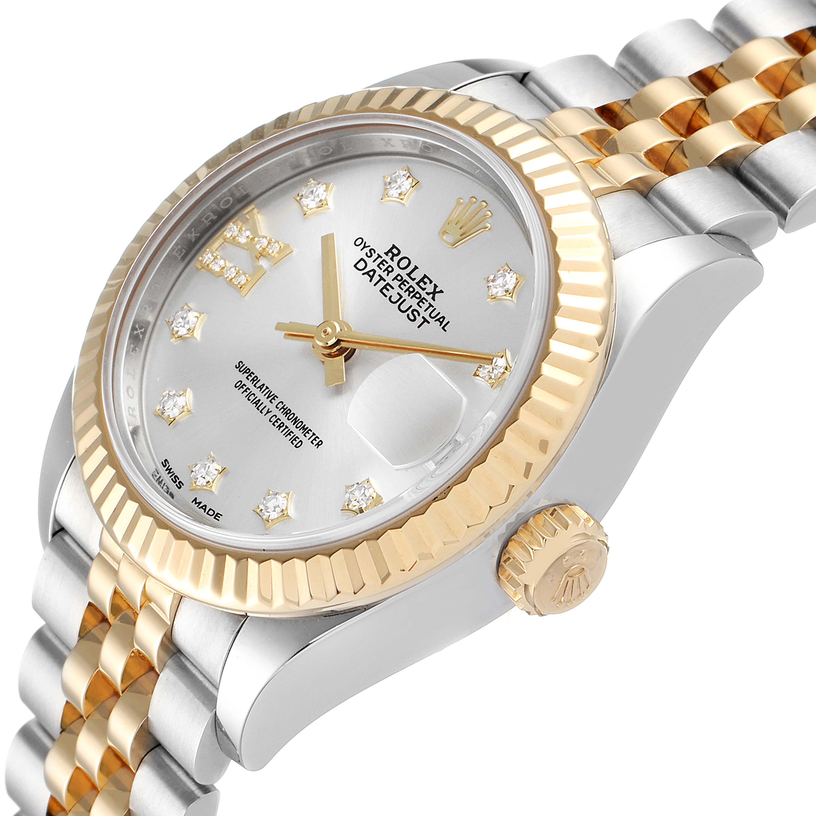 The image shows a close-up angled view of a Rolex Datejust 279173 Women
s Steel and Gold (two tone) Silver Dial 279173 Women
s Steel and Gold (two tone) Silver Dial watch, highlighting the dial, bezel, and part of the bracelet.