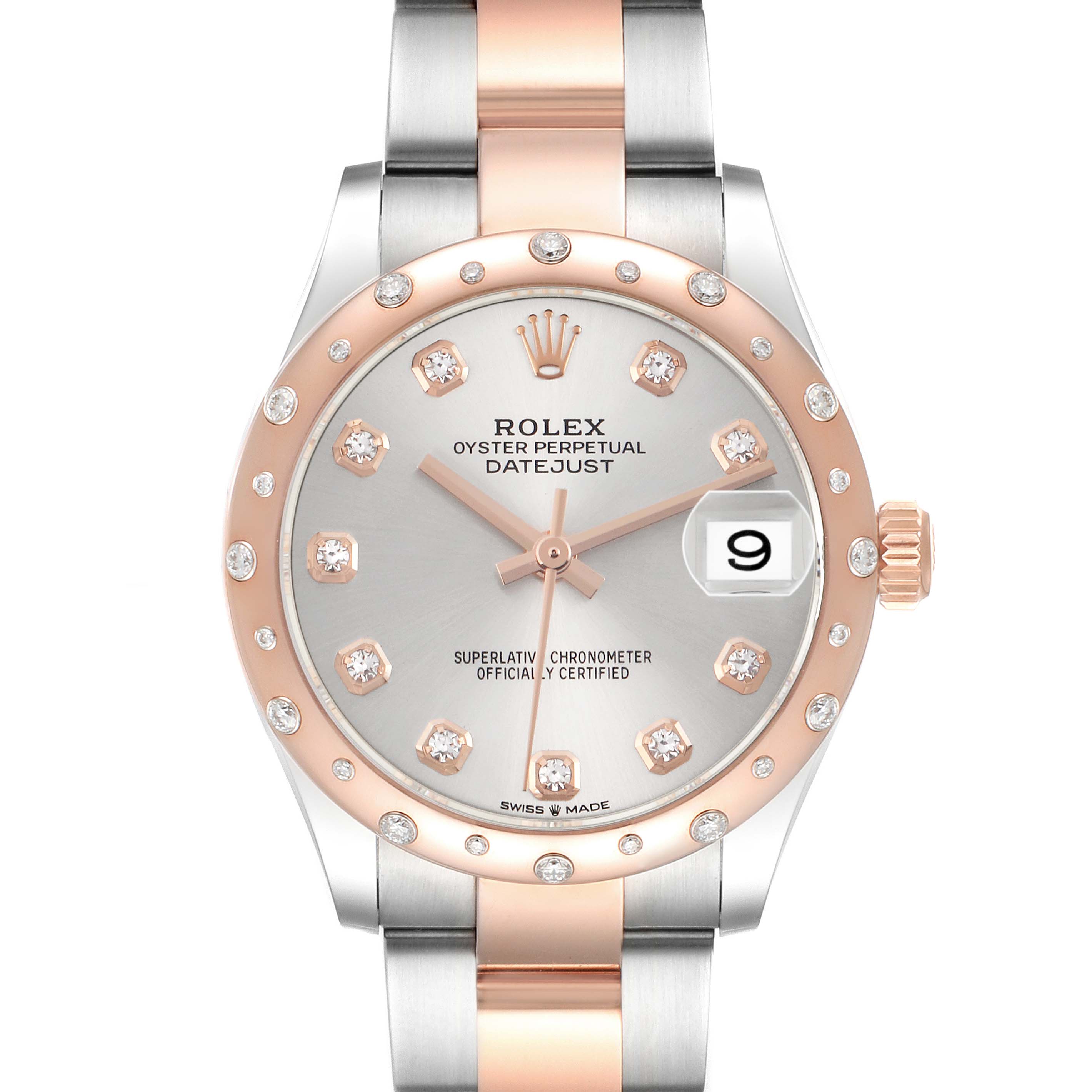 The Rolex Datejust watch is shown from the front, displaying its face, bezel, and top bracelet links.