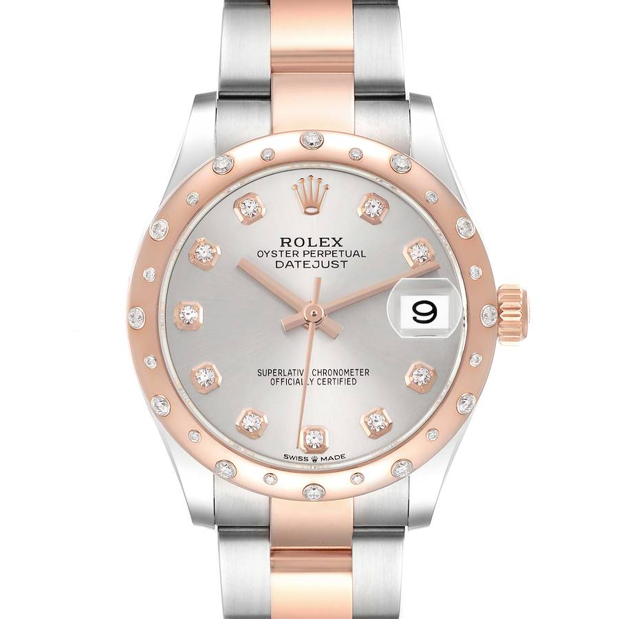 The Rolex Datejust watch is shown from the front, displaying its face, bezel, and top bracelet links.