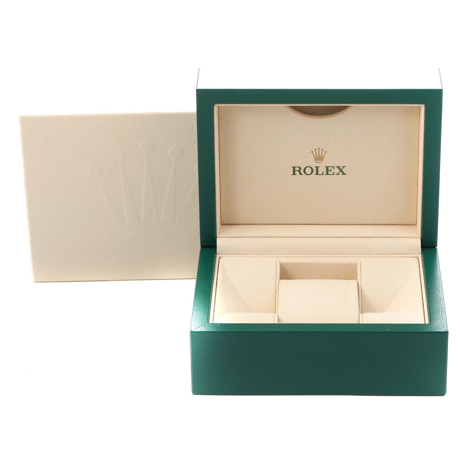 The image shows an open green and beige Rolex Datejust watch box at a slight angle, highlighting compartments and the logo.