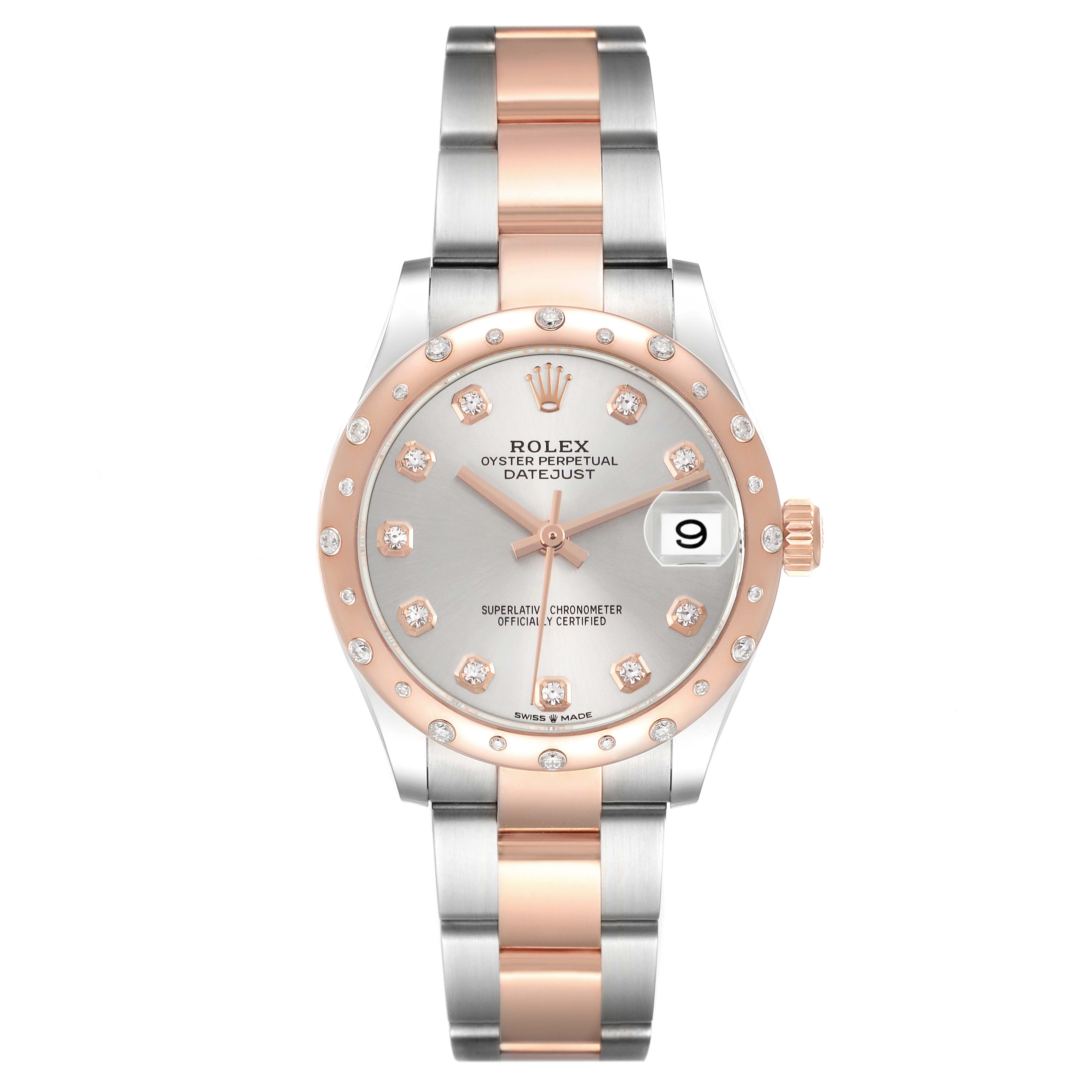 The Rolex Datejust watch is shown from a frontal angle, displaying the dial, bezel, and bracelet.