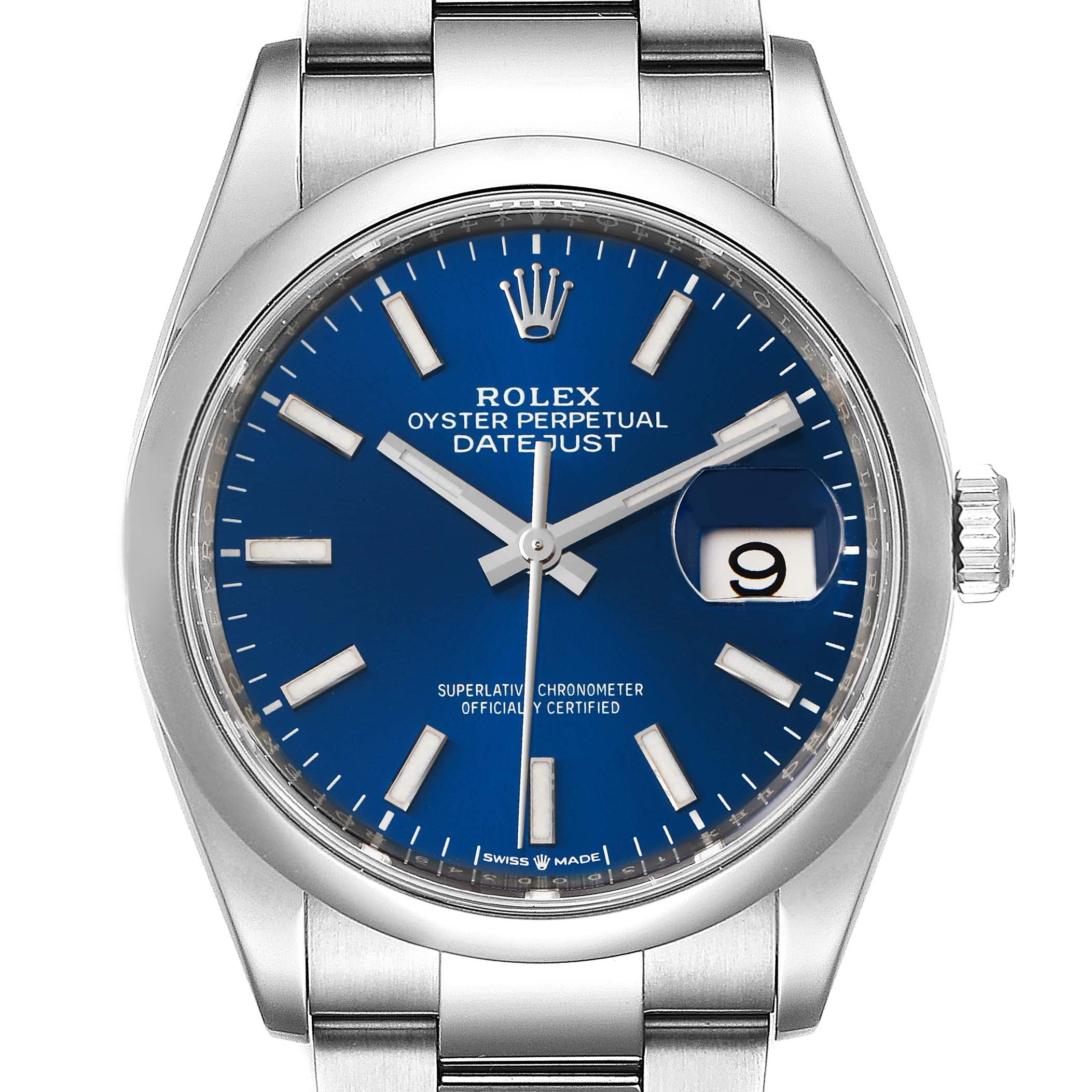 This image shows the front view of a Rolex Datejust 126200 Men
s Stainless Steel Blue Dial 126200 Men
s Stainless Steel Blue Dial watch, highlighting its blue dial, date window, and stainless steel bracelet.