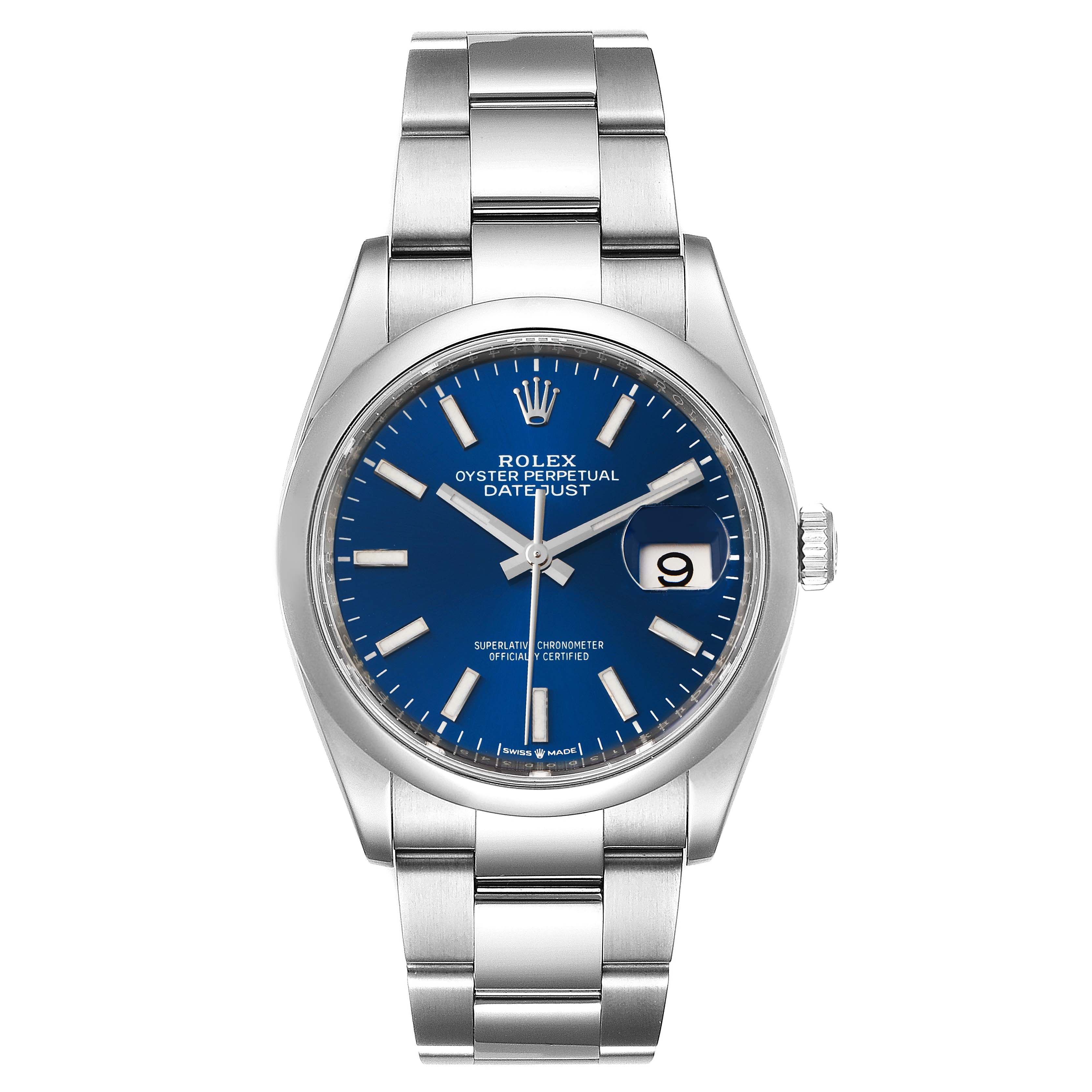 This image shows a Rolex Datejust 126200 Men
s Stainless Steel Blue Dial 126200 Men
s Stainless Steel Blue Dial watch from a front angle, displaying its blue dial, date window, and stainless steel bracelet.