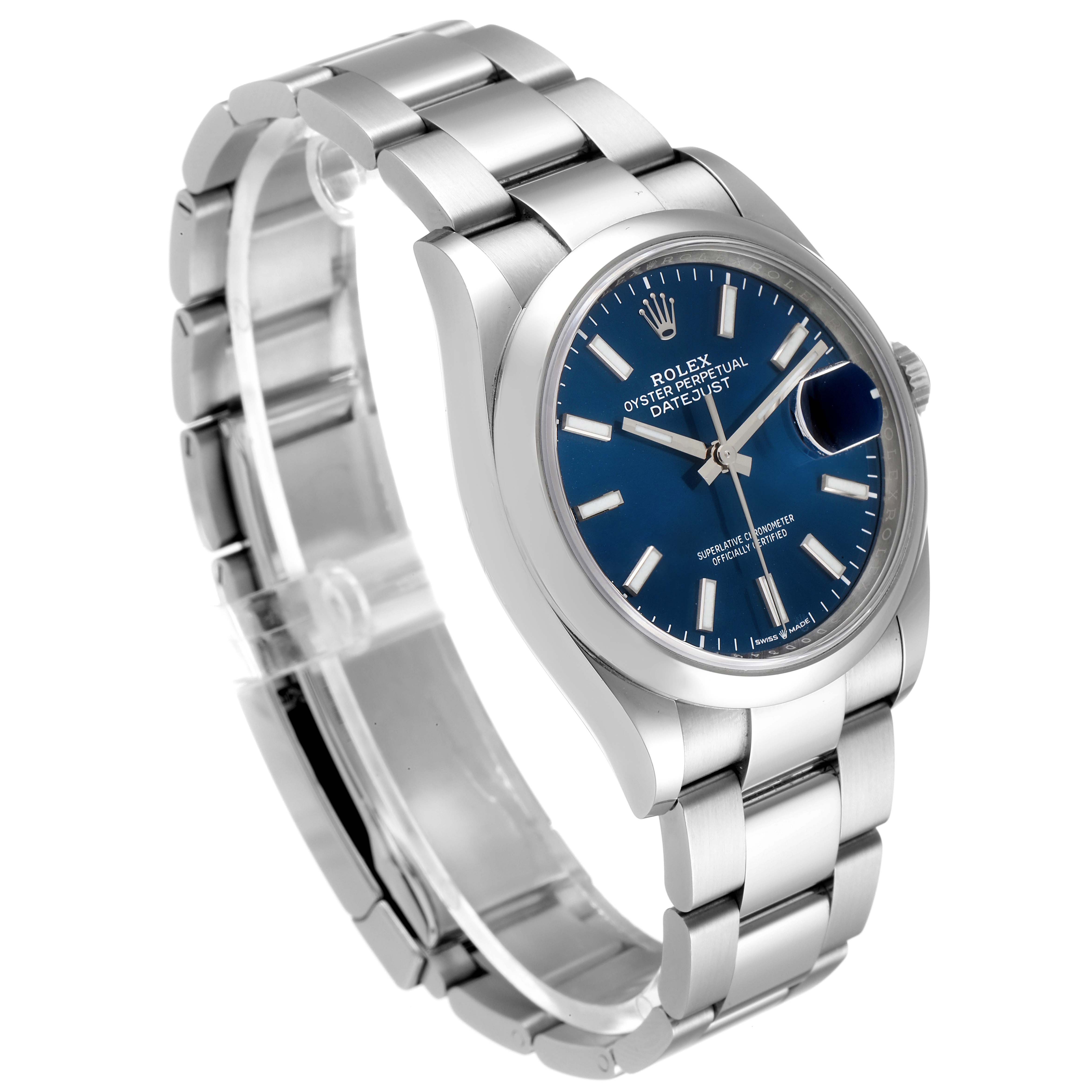 This image shows a side-angle view of a Rolex Datejust 126200 Men
s Stainless Steel Blue Dial 126200 Men
s Stainless Steel Blue Dial watch, displaying its bracelet, case, and blue dial.