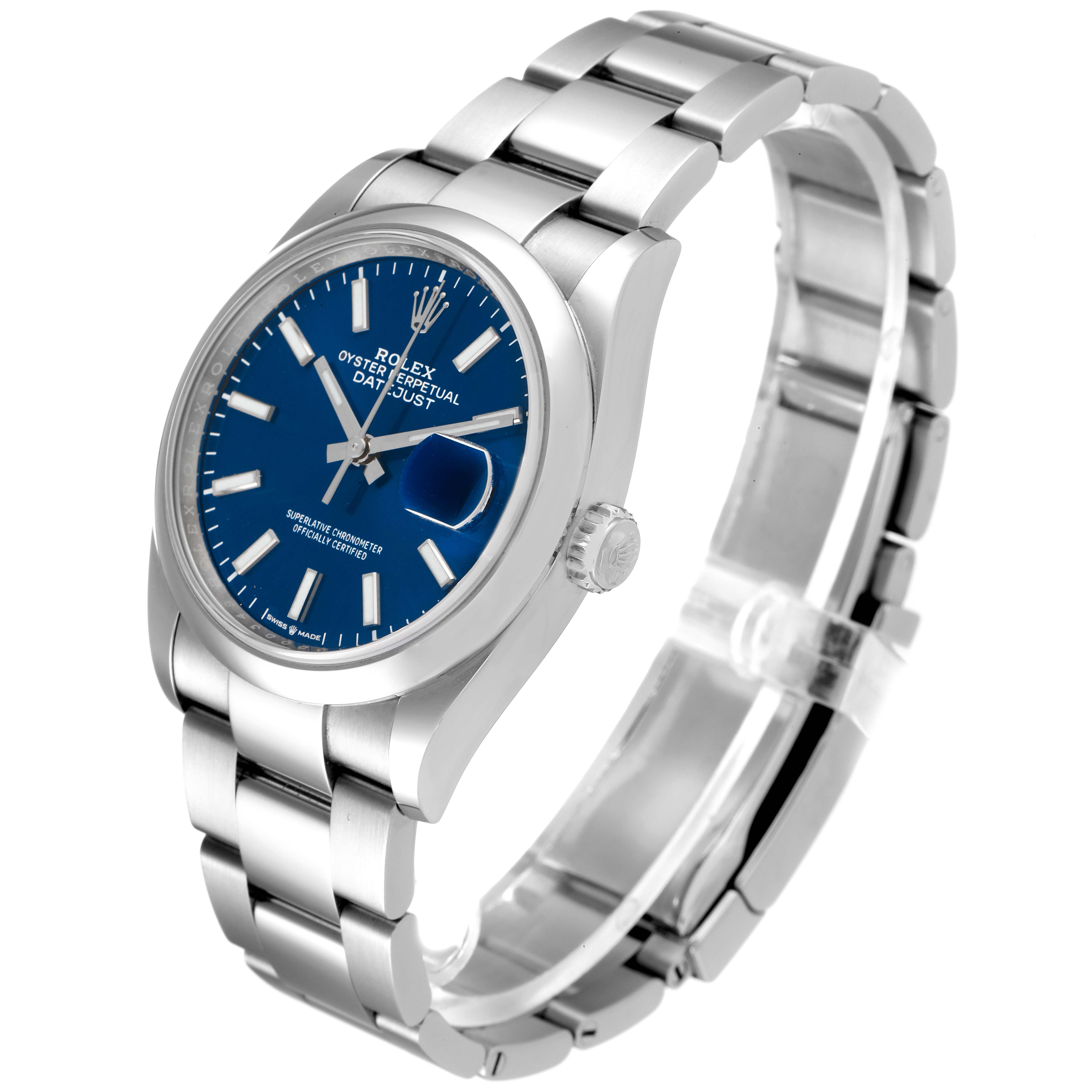 This Rolex Datejust 126200 Men
s Stainless Steel Blue Dial 126200 Men
s Stainless Steel Blue Dial watch is shown at a three-quarter angle, highlighting its stainless steel band and blue dial with date magnification.