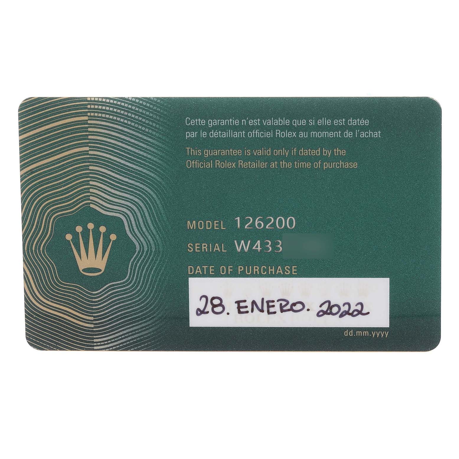 The image shows a Rolex Datejust 126200 Men's Stainless Steel Blue Dial 126200 Men's Stainless Steel Blue Dial model 126200 warranty card.