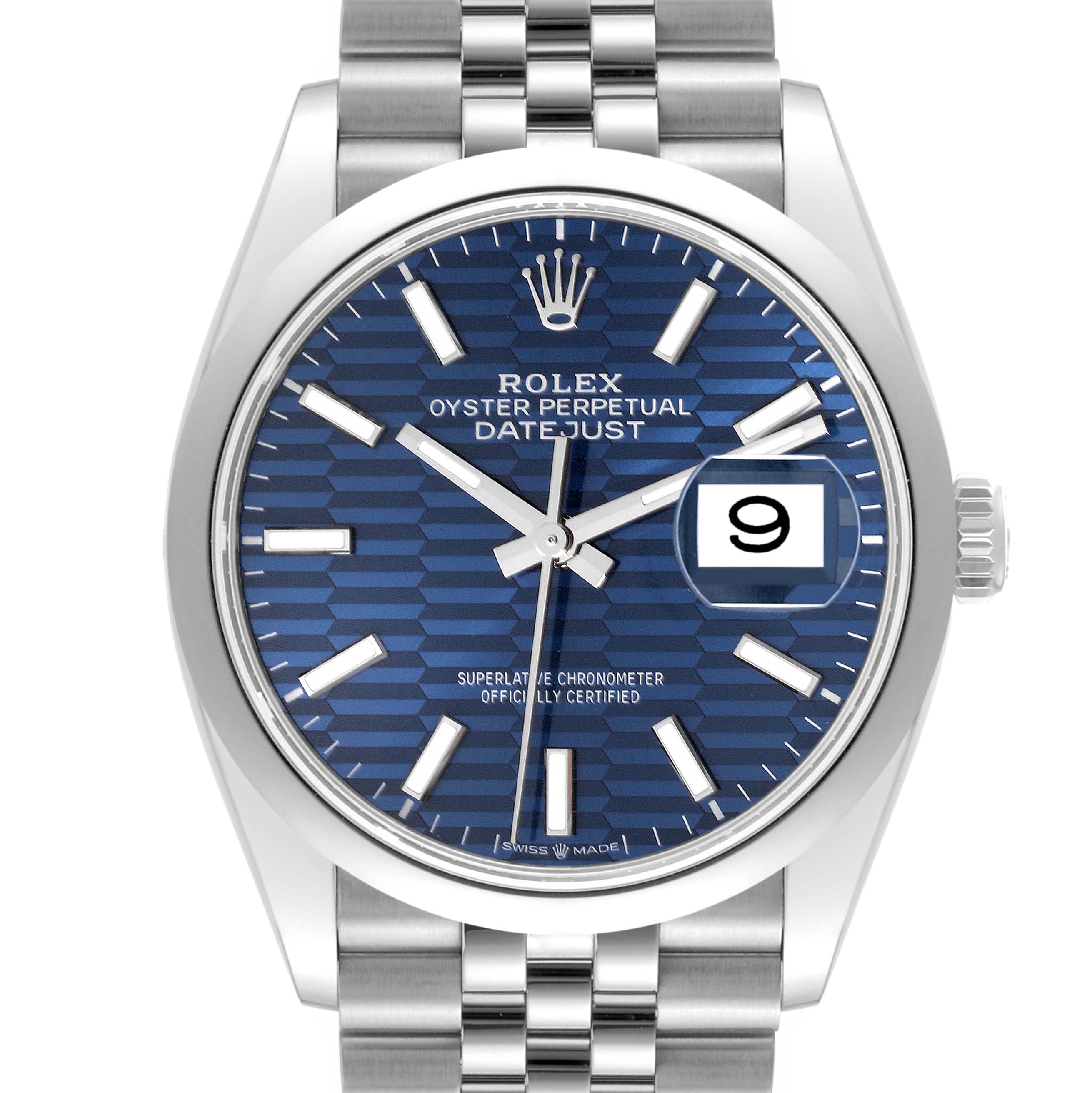 The image shows a Rolex Datejust 126200 Men's Stainless Steel Blue Dial 126200 Men's Stainless Steel Blue Dial watch from a front angle, displaying its blue dial, date window, and stainless steel bracelet.
