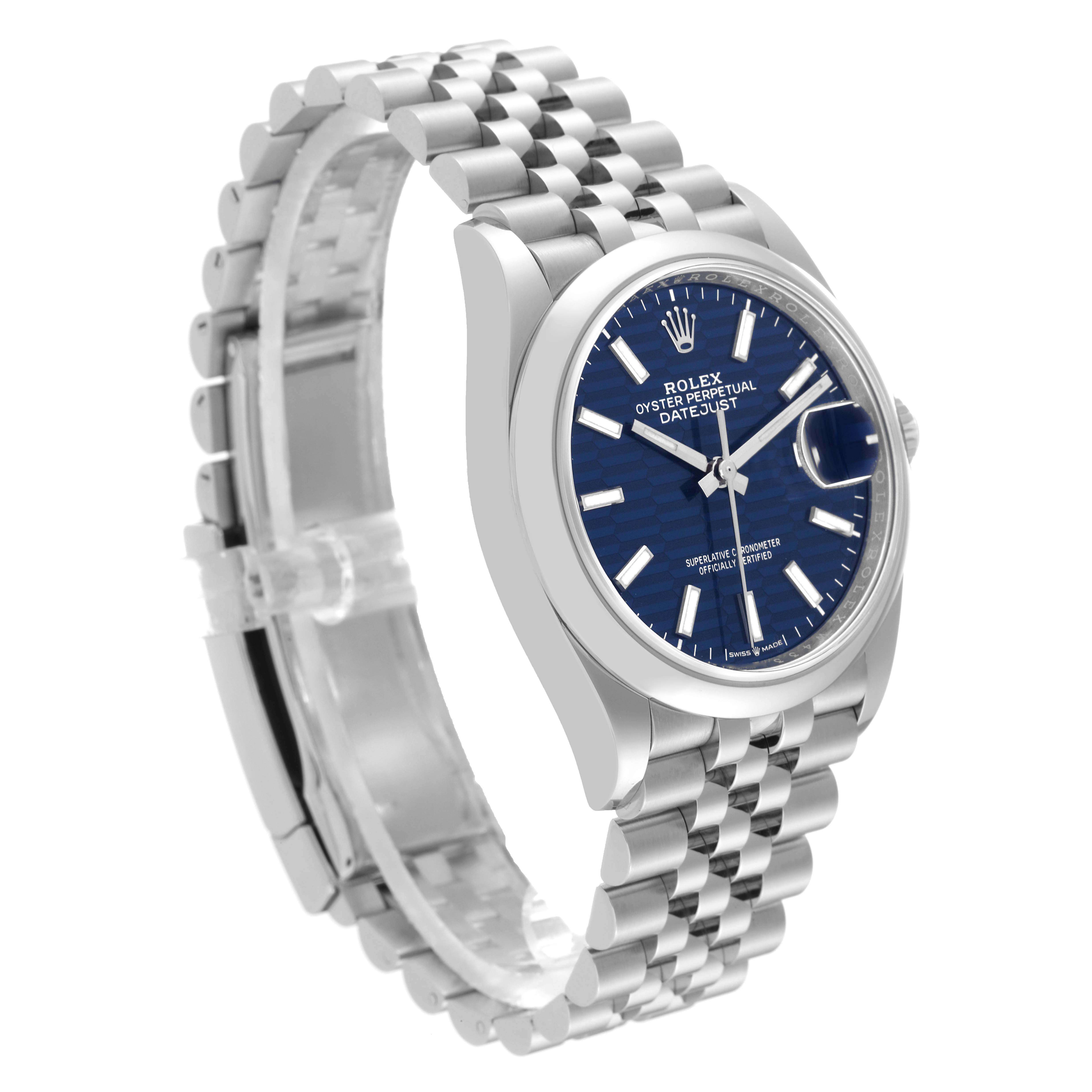 This Rolex Datejust 126200 Men's Stainless Steel Blue Dial 126200 Men's Stainless Steel Blue Dial watch is shown from a front angle, highlighting its blue dial, Jubilee bracelet, and case.