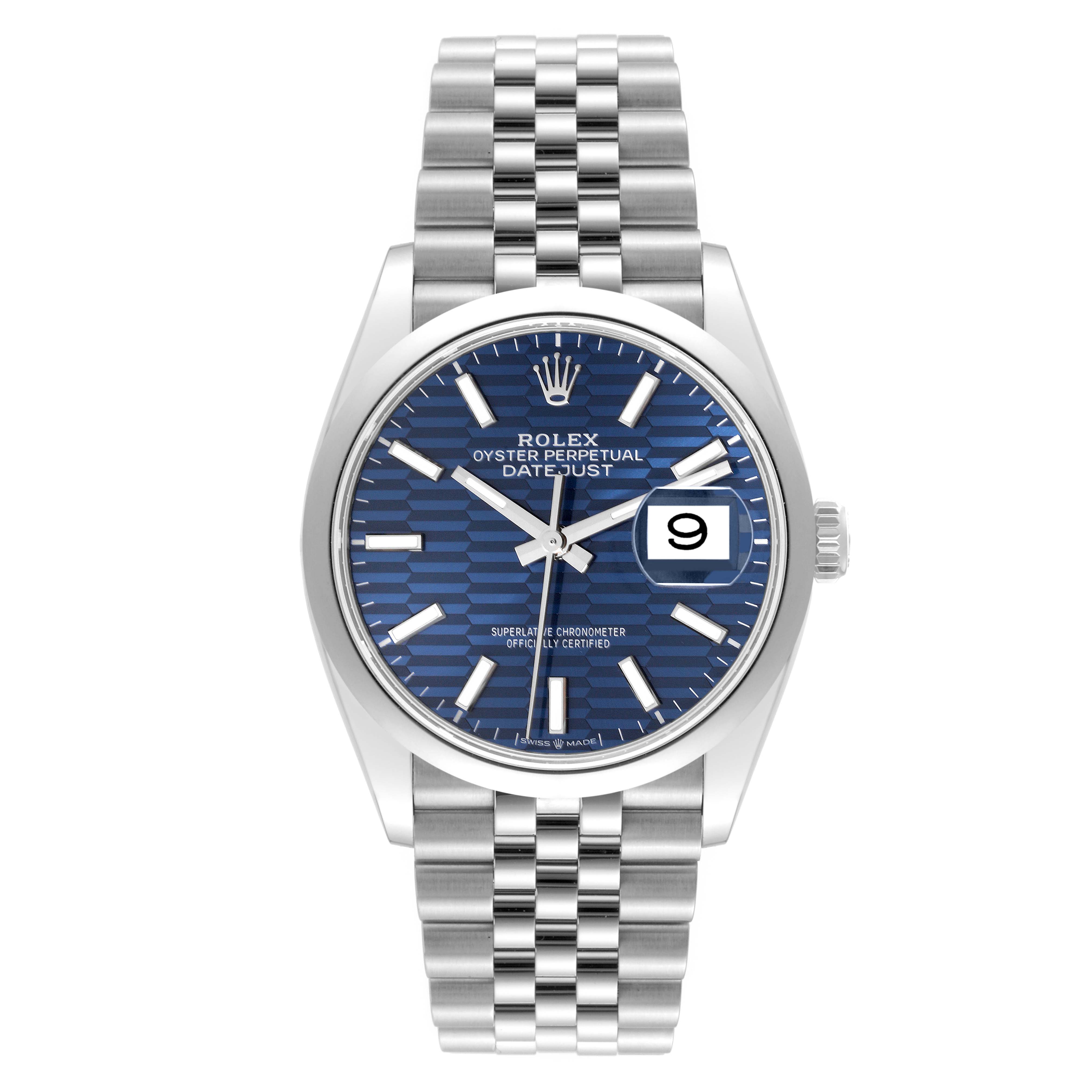 The image shows a Rolex Datejust 126200 Men's Stainless Steel Blue Dial 126200 Men's Stainless Steel Blue Dial watch from a front angle, highlighting its blue dial, date function, and Jubilee bracelet.