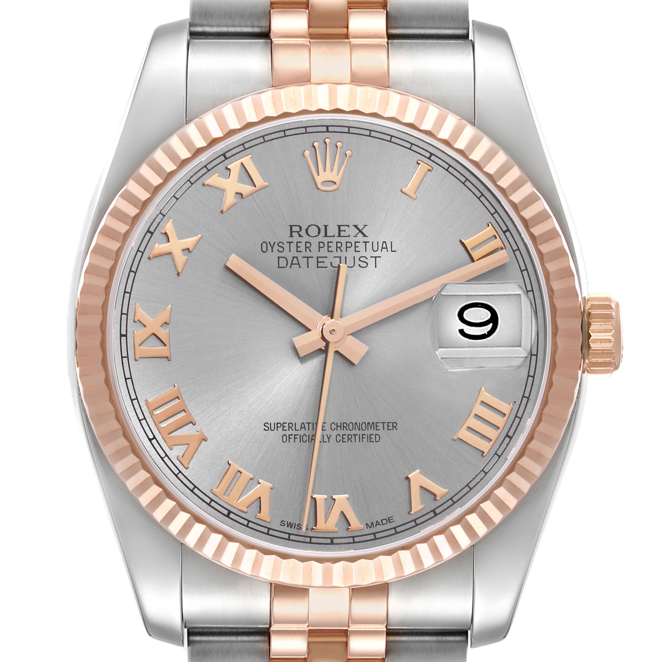 The image shows a close-up view of the Rolex Datejust 116231 Men's Steel and Gold (two tone) Grey Dial 116231 Men's Steel and Gold (two tone) Grey Dial watch face, including the bezel, dial, hands, crown, and part of the bracelet.