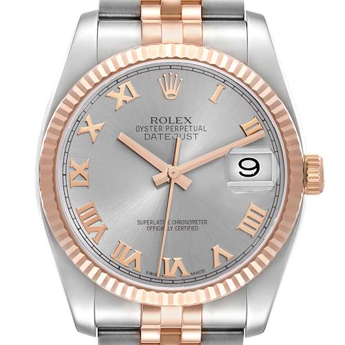 The image shows a frontal view of a Rolex Datejust watch, highlighting the dial, hands, crown, and part of the bracelet.