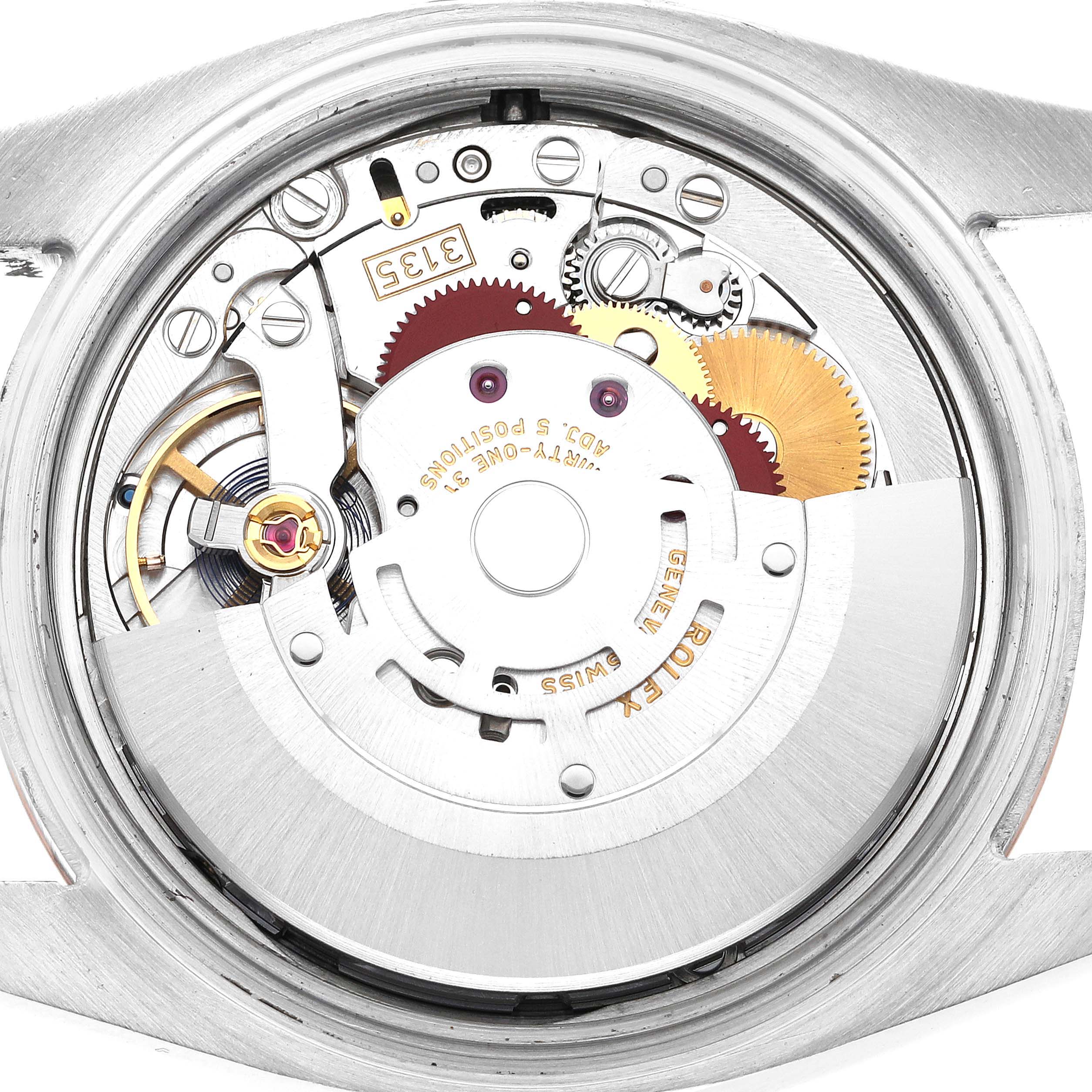 This image shows the internal mechanical movement of a Rolex Datejust 116231 Men's Steel and Gold (two tone) Grey Dial 116231 Men's Steel and Gold (two tone) Grey Dial watch from the back angle.