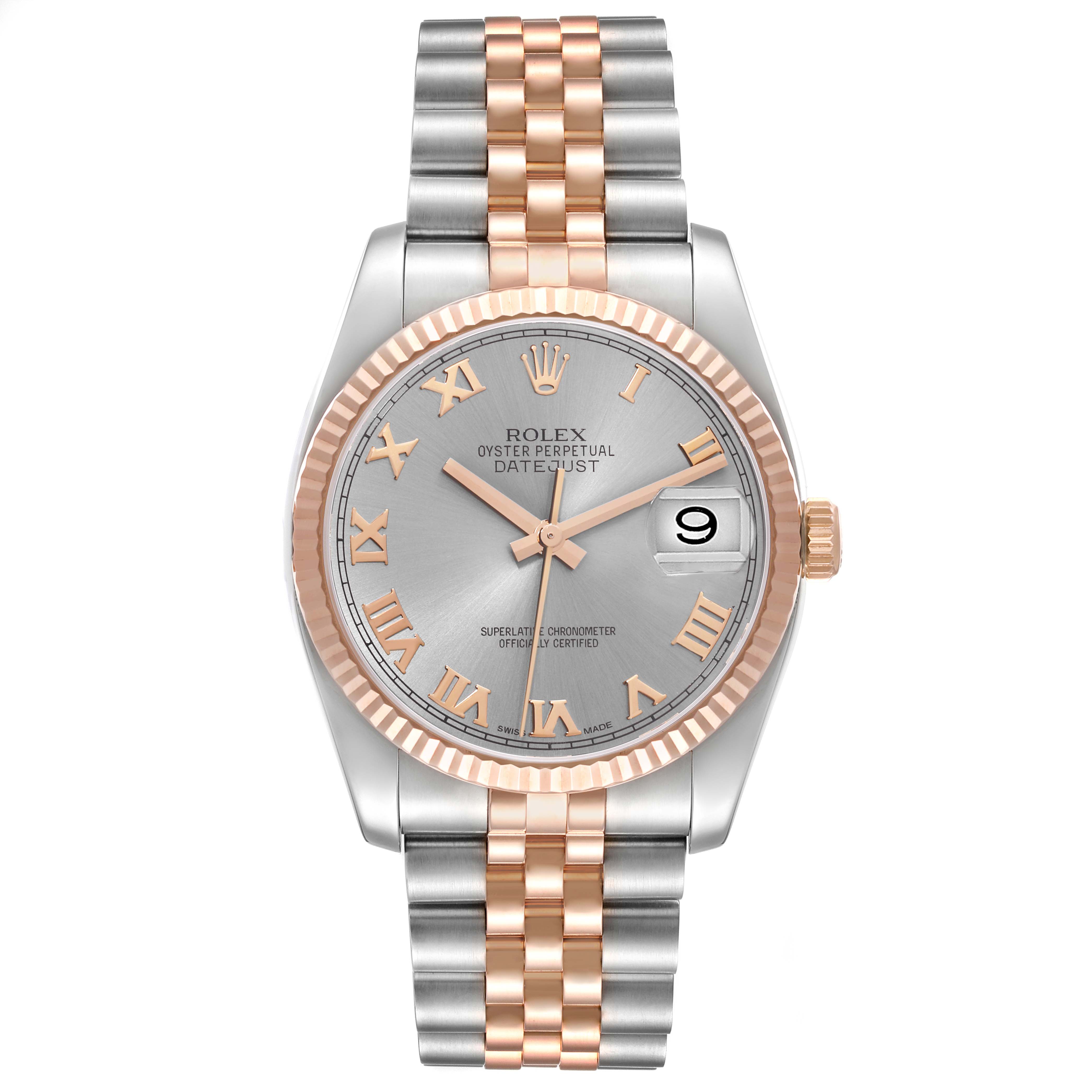 The image shows a Rolex Datejust 116231 Men's Steel and Gold (two tone) Grey Dial 116231 Men's Steel and Gold (two tone) Grey Dial watch with a silver dial, rose gold Roman numerals, and a two-tone Jubilee bracelet.