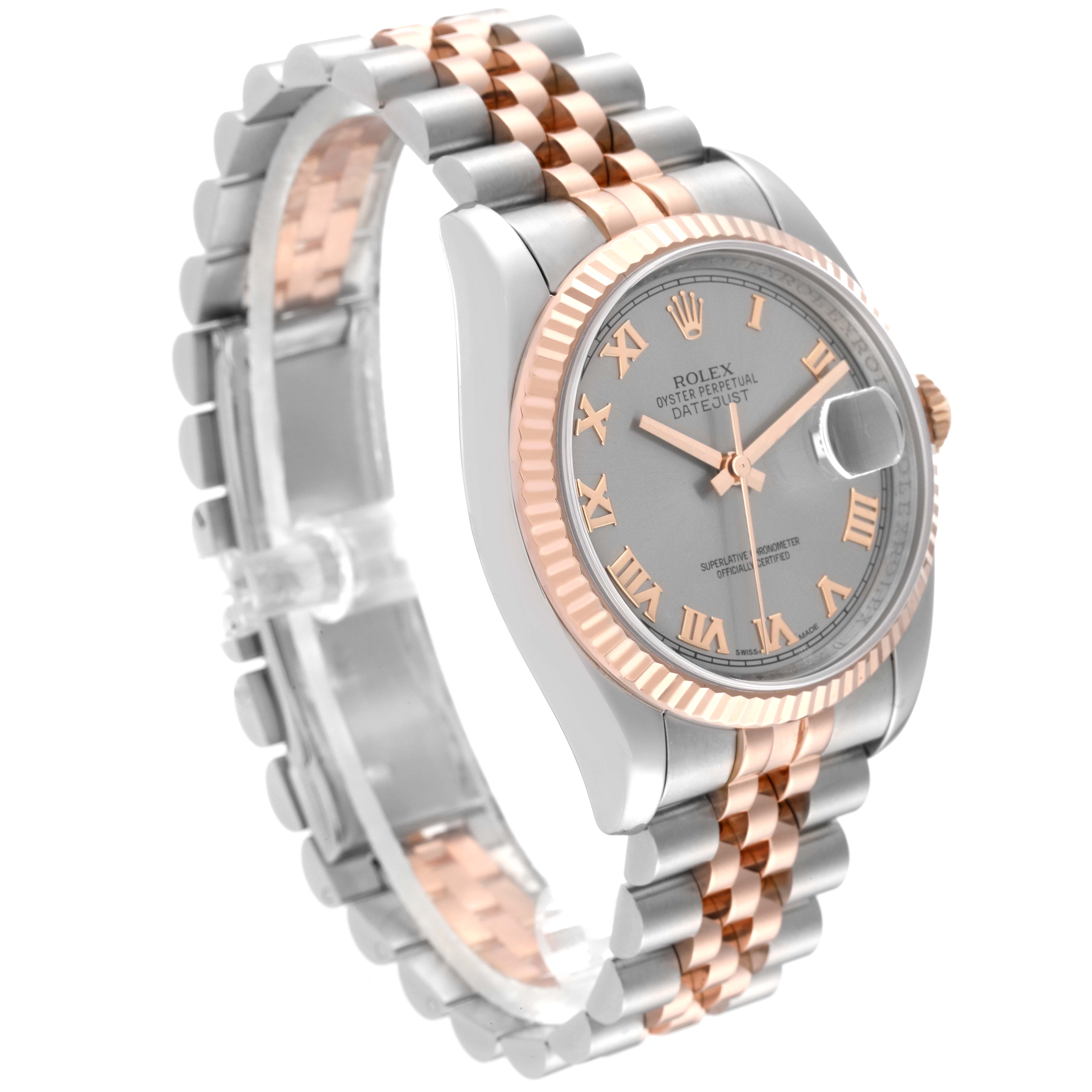 This image shows a side angle of the Rolex Datejust 116231 Men's Steel and Gold (two tone) Grey Dial 116231 Men's Steel and Gold (two tone) Grey Dial watch, highlighting its case, dial, fluted bezel, and Jubilee bracelet.