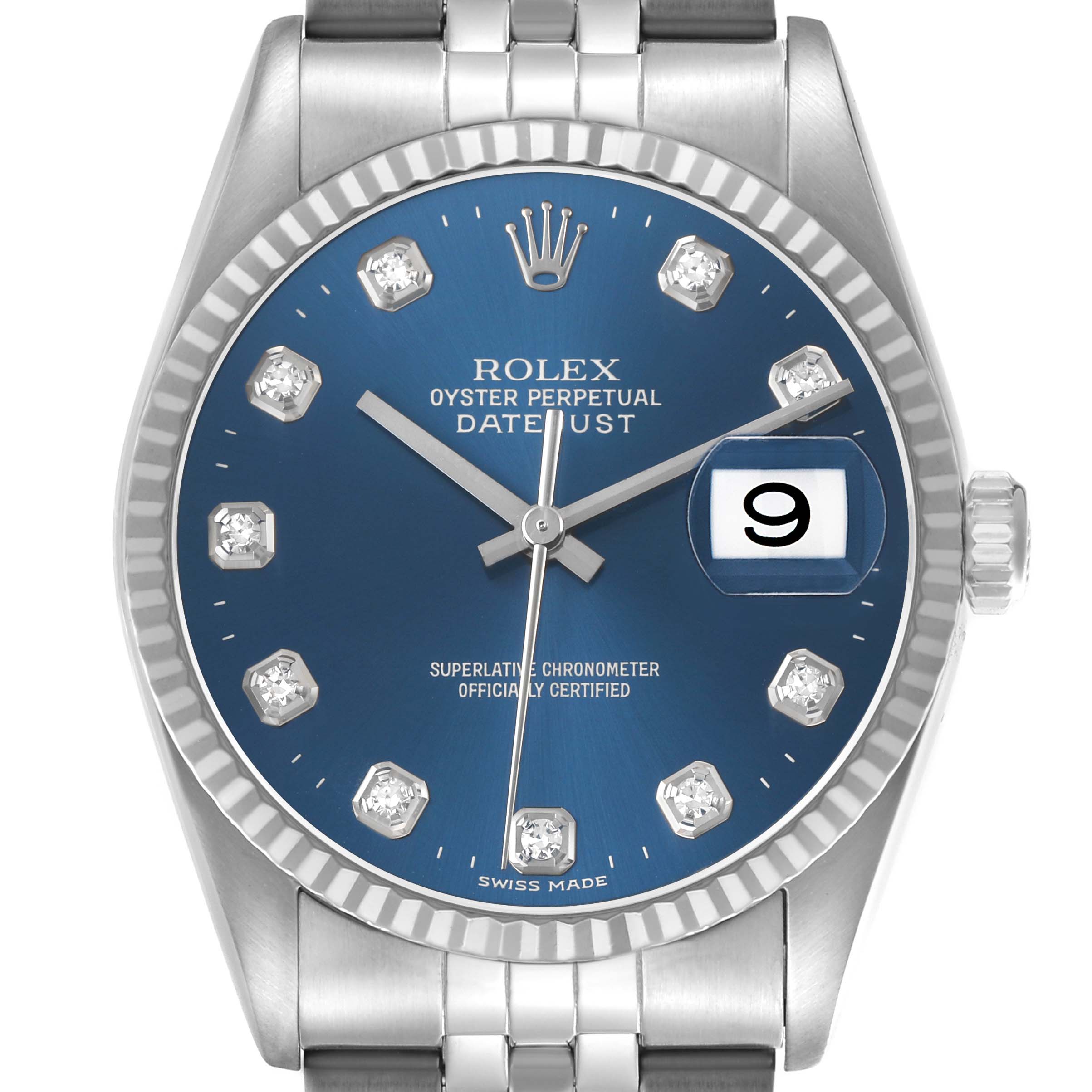 The Rolex Datejust 16234 Men's Stainless Steel Blue Dial watch is shown from the front, displaying the blue dial, diamond hour markers, and the fluted bezel.