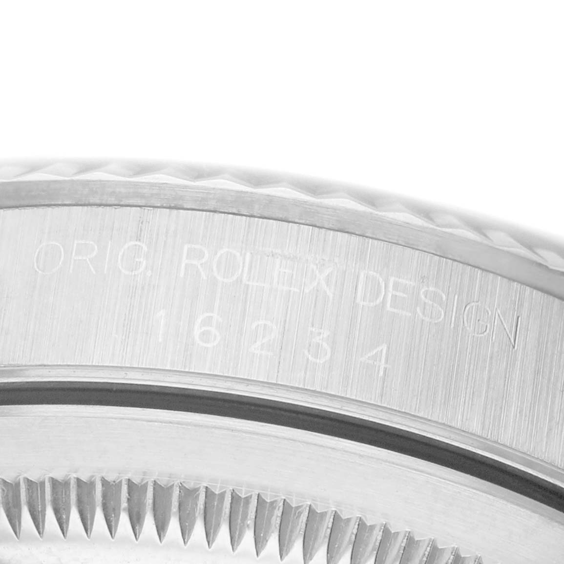 The image shows a close-up of the side of a Rolex Datejust 16234 Men's Stainless Steel Blue Dial watch, featuring the model and brand engraving.