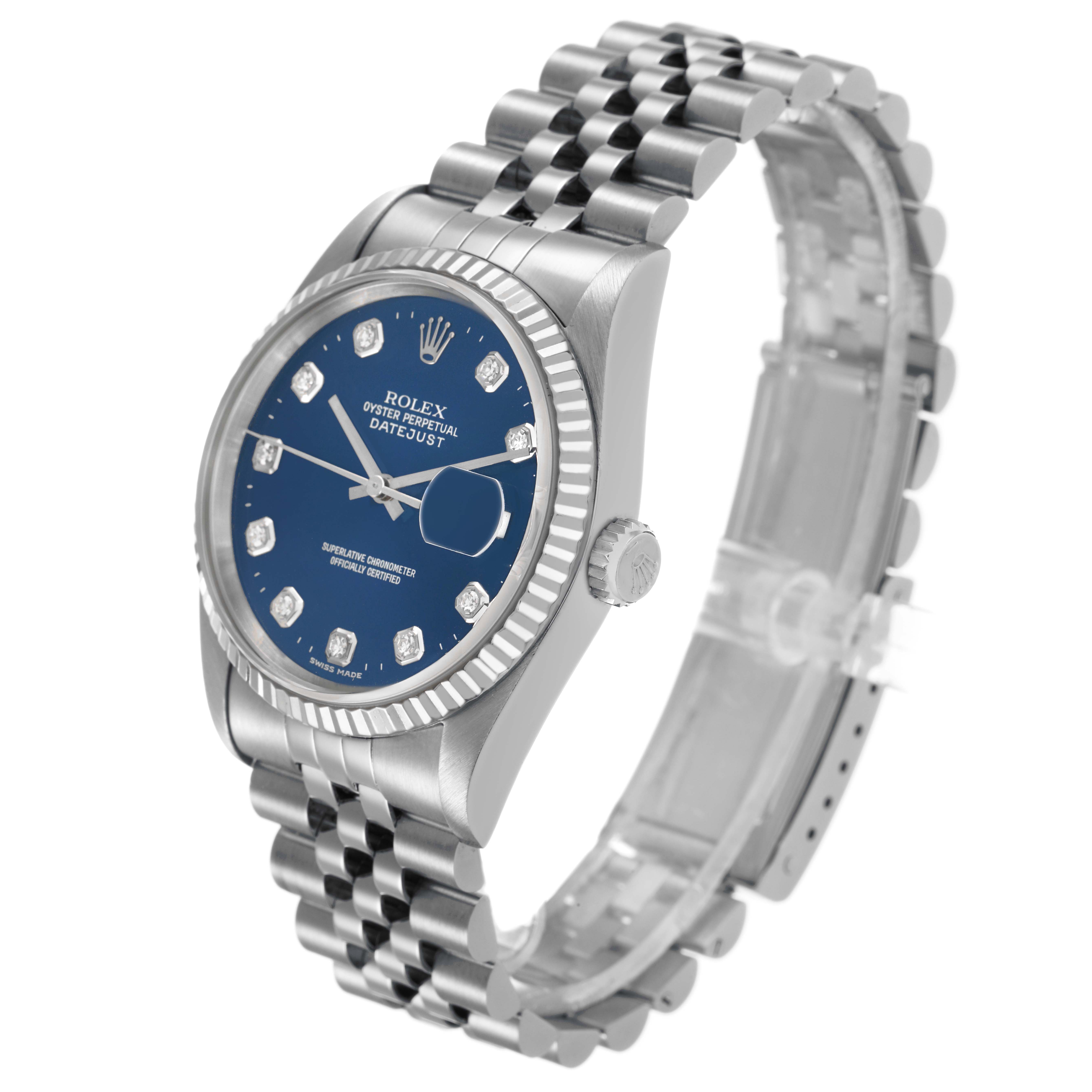The Rolex Datejust 16234 Men's Stainless Steel Blue Dial watch is shown at an angled side view, displaying the blue dial, diamond markers, fluted bezel, and jubilee bracelet.