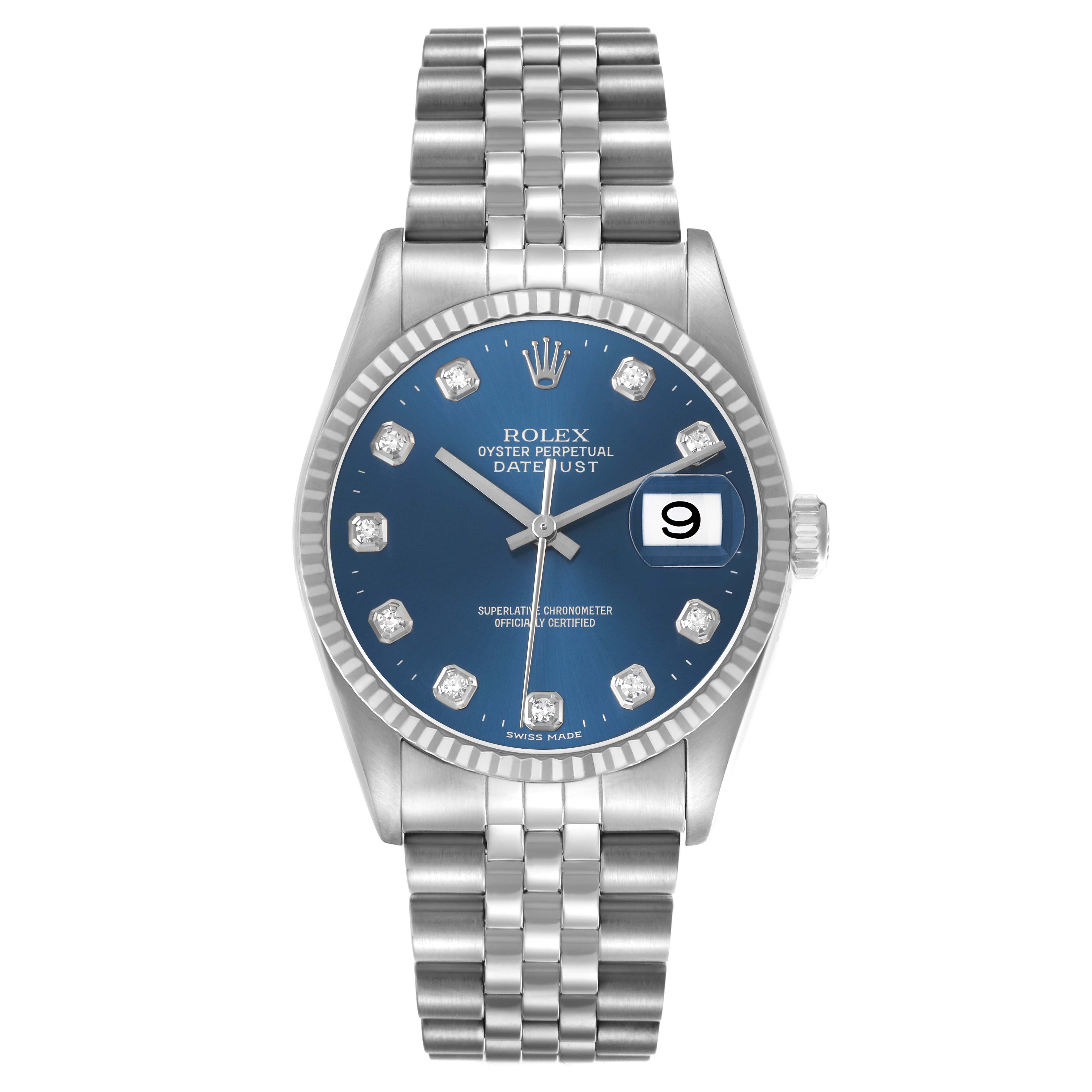 The Rolex Datejust 16234 Men's Stainless Steel Blue Dial watch is shown from a front angle, highlighting the blue dial, date window, and bracelet.