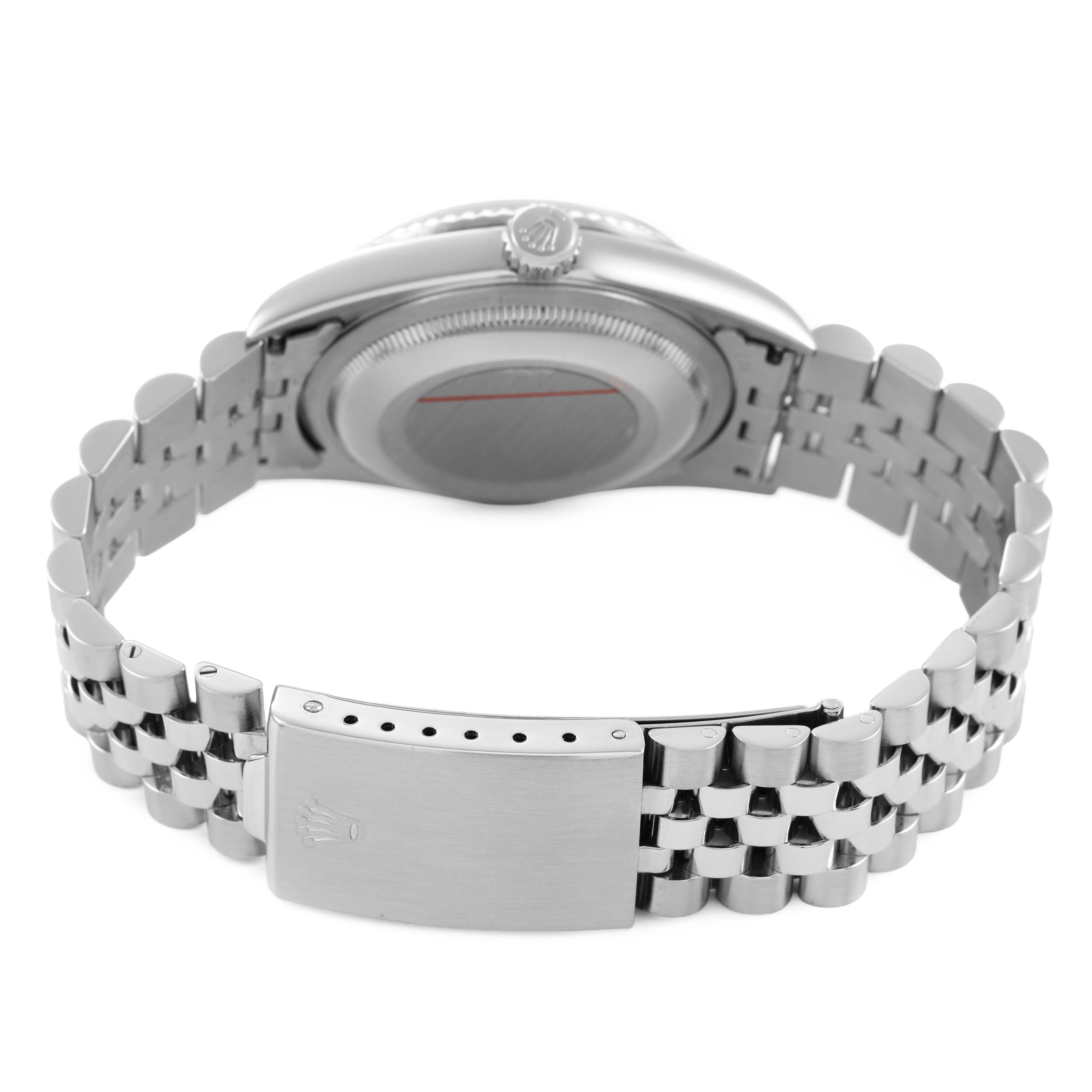 The image shows the Rolex Datejust 16234 Men's Stainless Steel Blue Dial watch from the back, highlighting the bracelet and clasp.