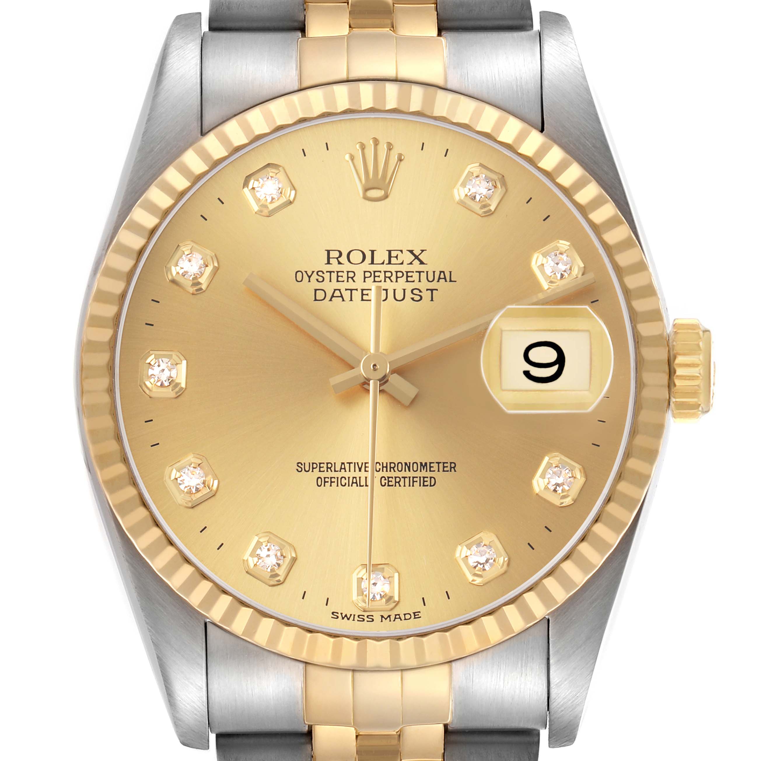 The image shows a frontal view of a Rolex Datejust 16233 Men's Stainless Steel Champagne Dial watch, highlighting its gold dial, diamond hour markers, and fluted bezel.