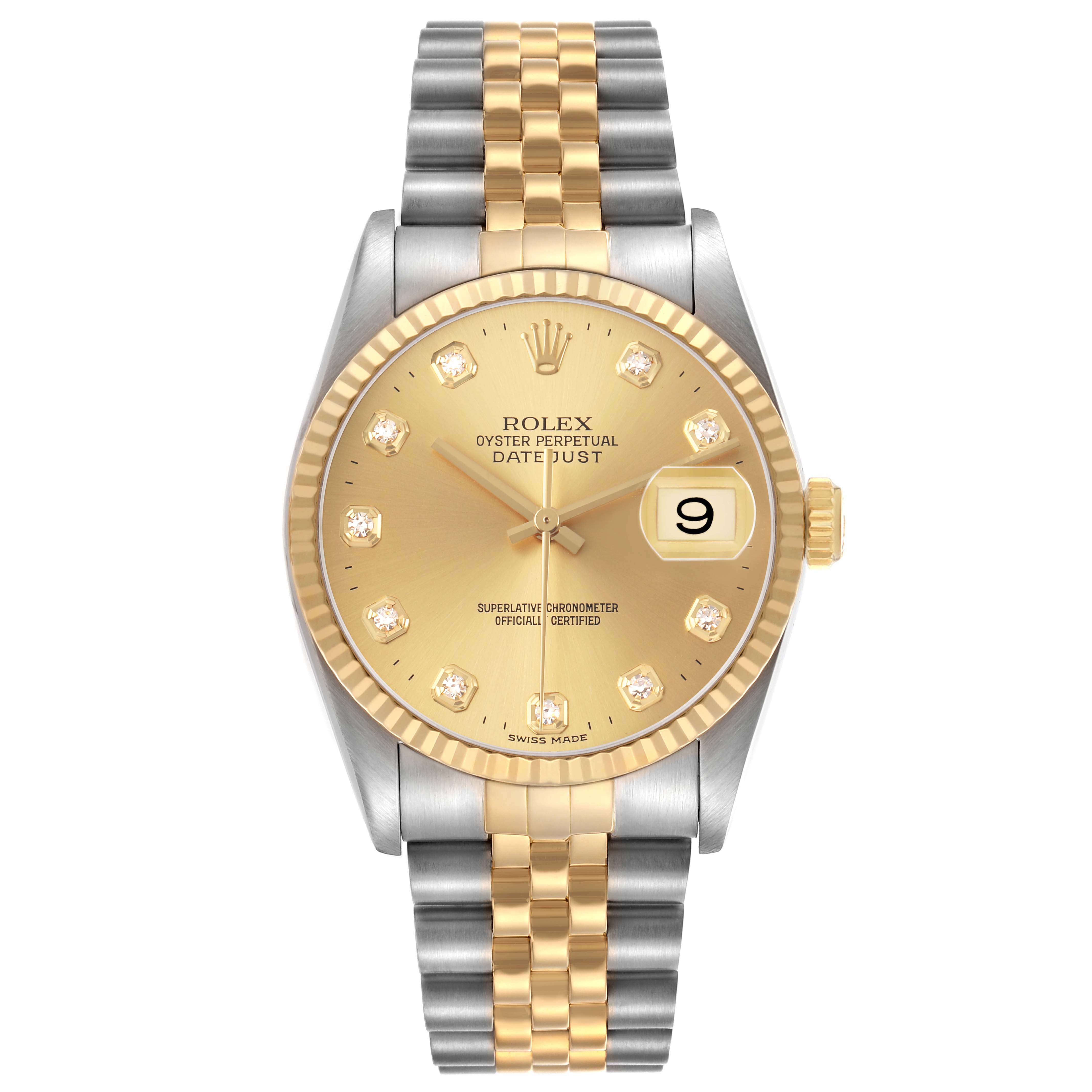 The Rolex Datejust 16233 Men's Stainless Steel Champagne Dial watch is shown from the front, displaying its gold dial, jubilee bracelet, and date function.