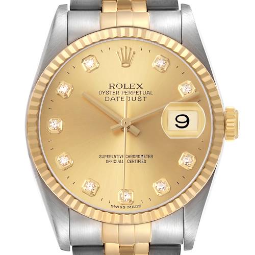 The Rolex Datejust 16233 Men's Stainless Steel Champagne Dial watch is shown from the front, highlighting its gold dial, jeweled hour markers, date window, and jubilee bracelet.