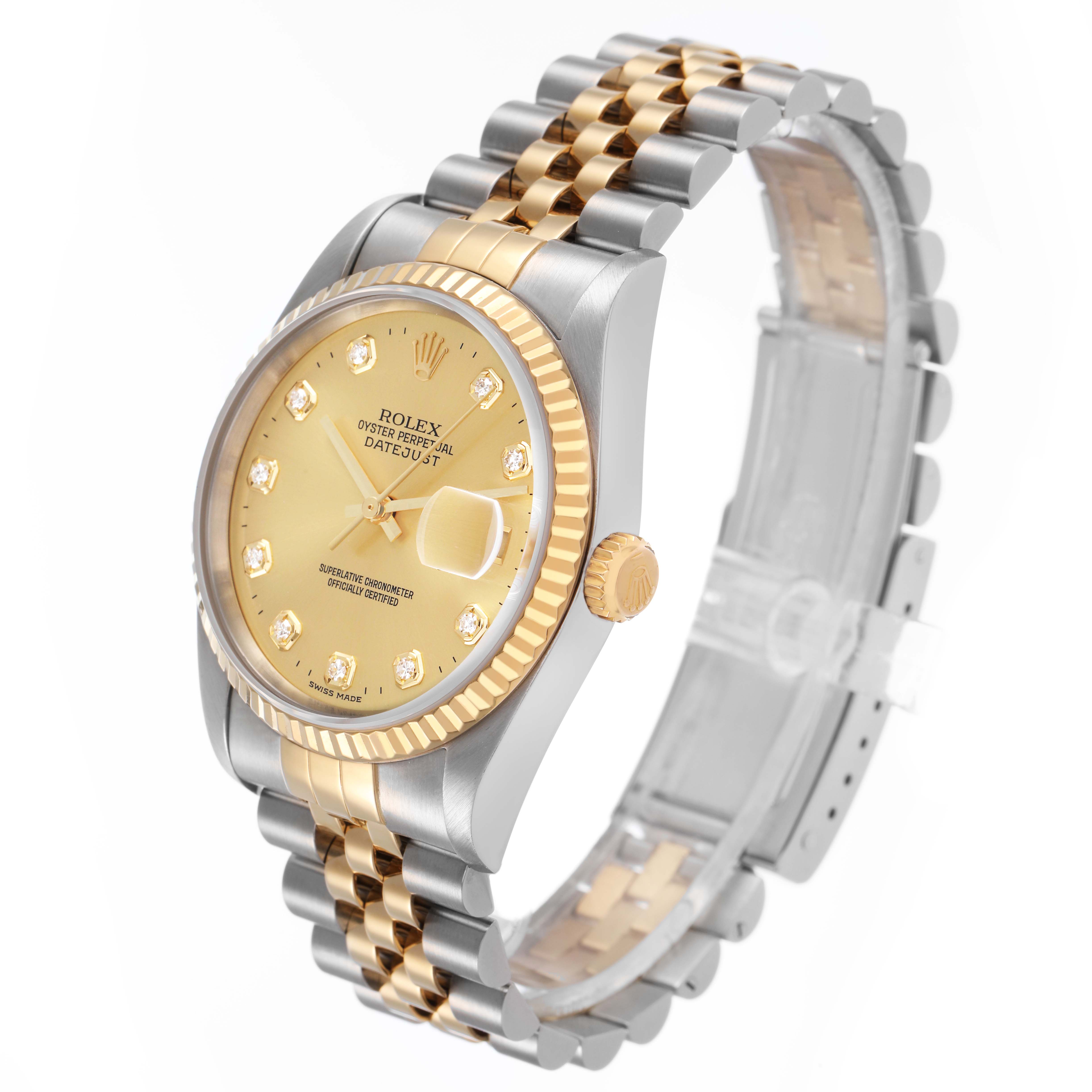 The Rolex Datejust 16233 Men's Stainless Steel Champagne Dial is shown at a three-quarter angle, highlighting its dial, fluted bezel, and two-tone bracelet.