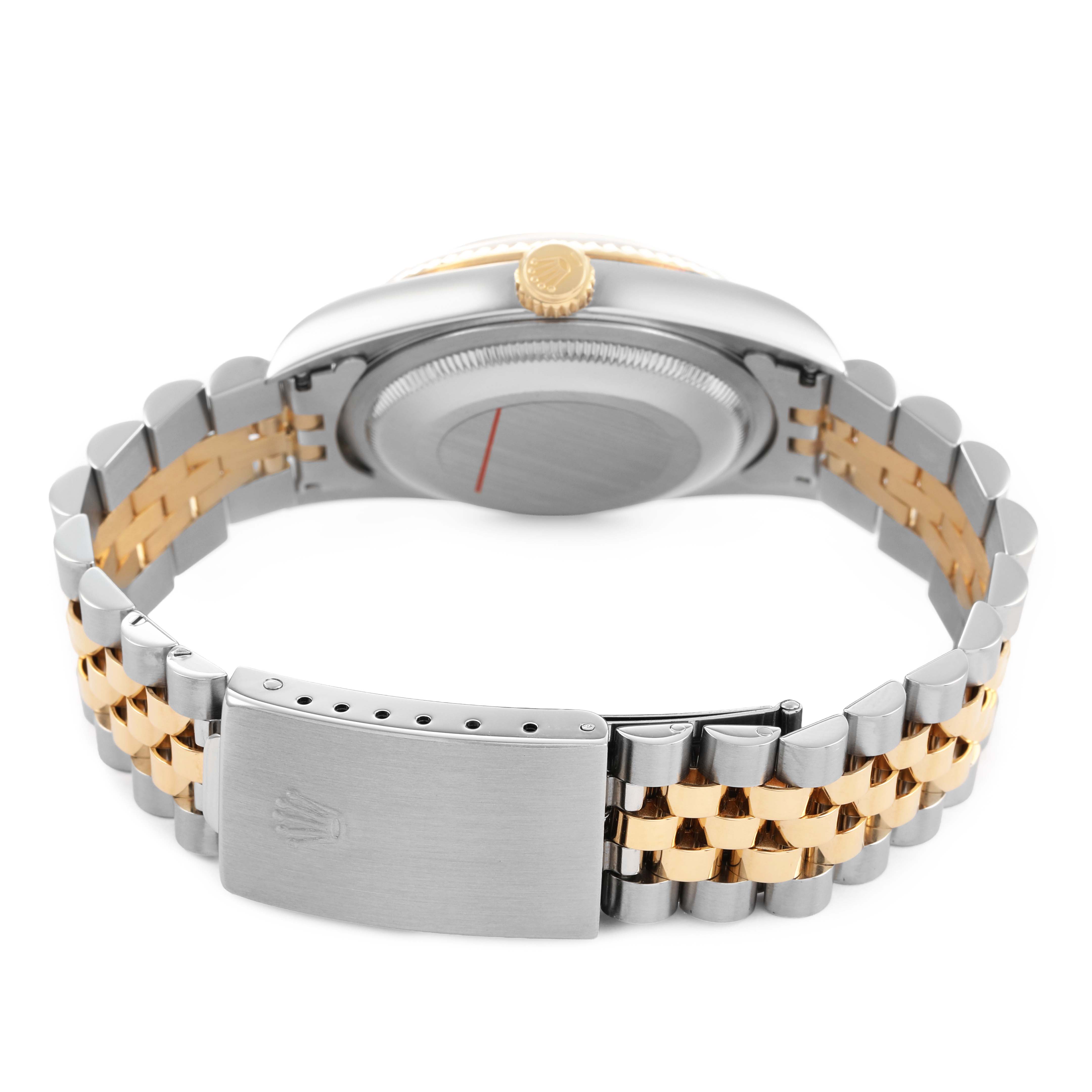 The image shows the backside of the Rolex Datejust 16233 Men's Stainless Steel Champagne Dial watch, highlighting the case back, crown, and bracelet clasp.