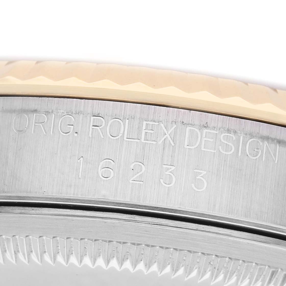 The image shows the side of a Rolex Datejust 16233 Men's Stainless Steel Champagne Dial watch case with engraved design and model number.