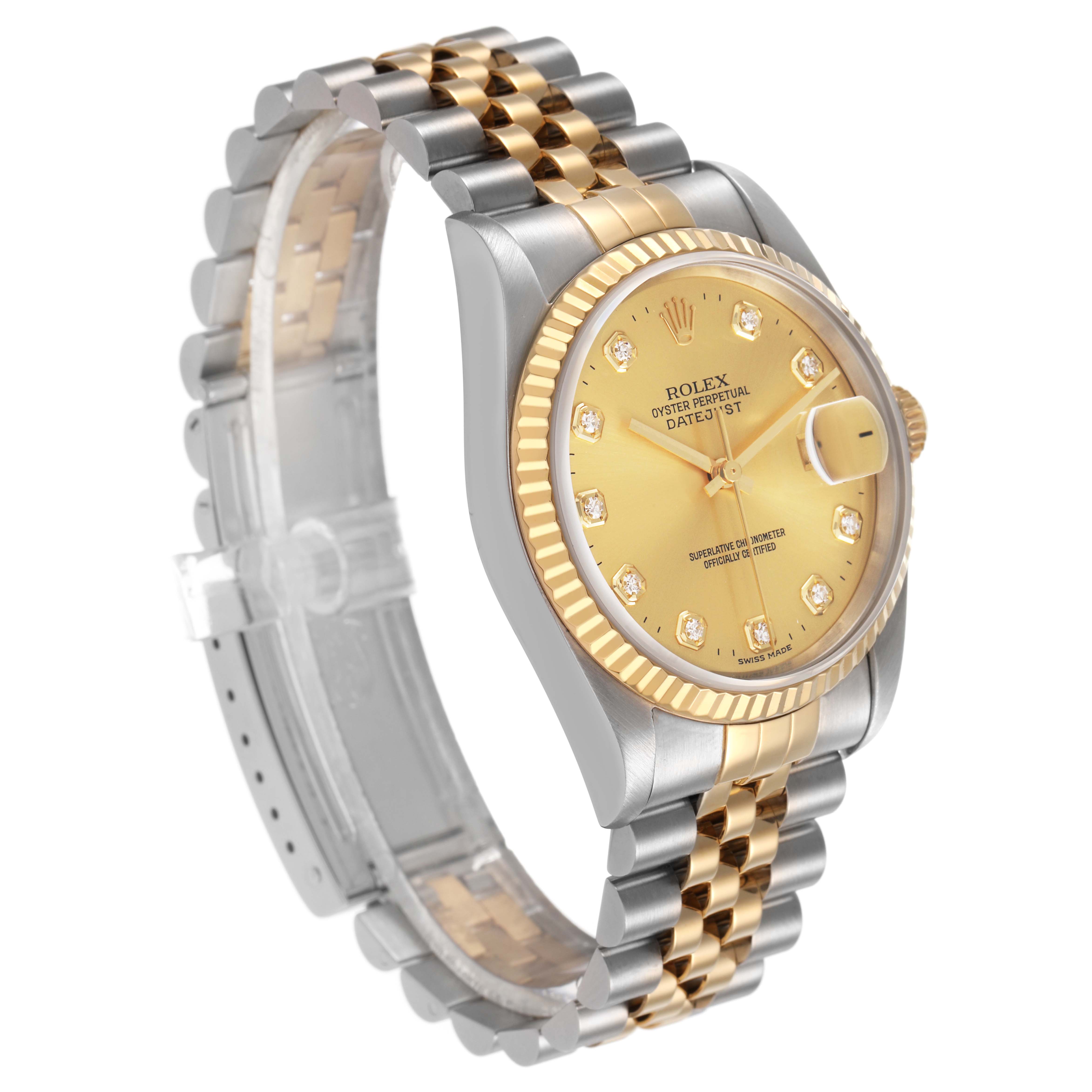 The Rolex Datejust 16233 Men's Stainless Steel Champagne Dial watch is shown at a three-quarter angle, highlighting the gold and silver Jubilee bracelet and champagne dial.