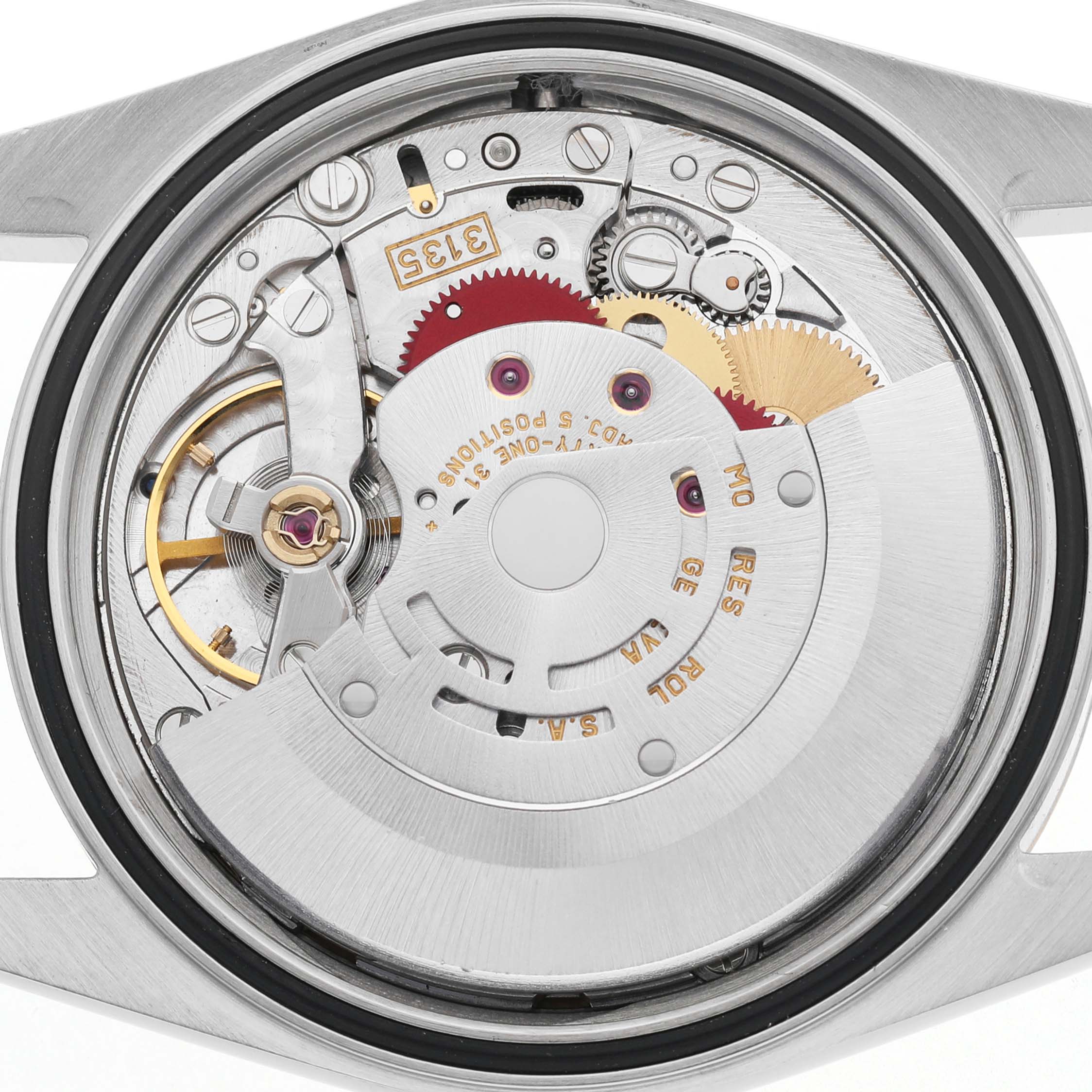The image shows the movement of a Rolex Datejust 16233 Men's Stainless Steel Champagne Dial watch from a top-down angle, highlighting gears and rotors.