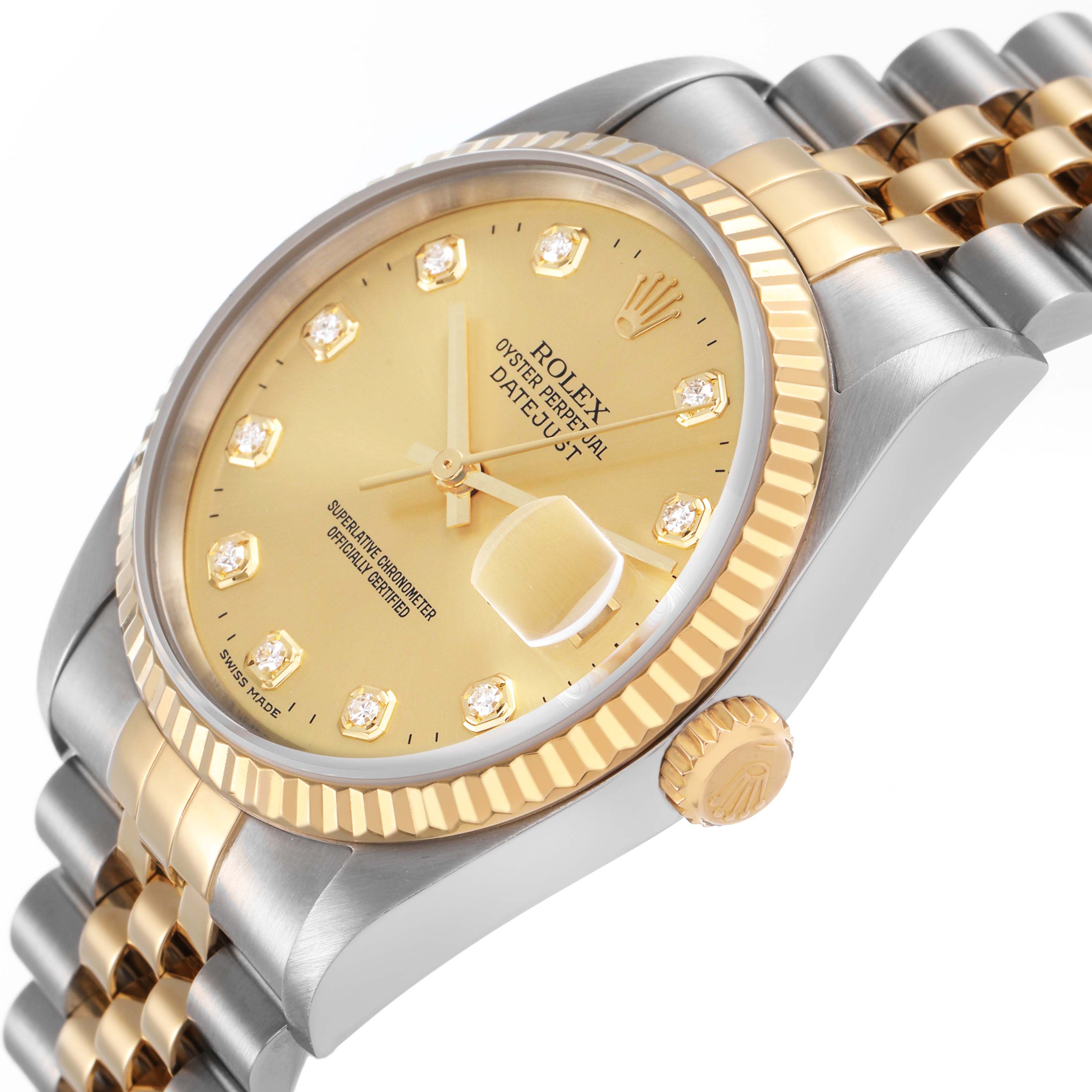 The Rolex Datejust 16233 Men's Stainless Steel Champagne Dial watch is shown at a three-quarter angle, highlighting the dial, crown, and part of the bracelet.