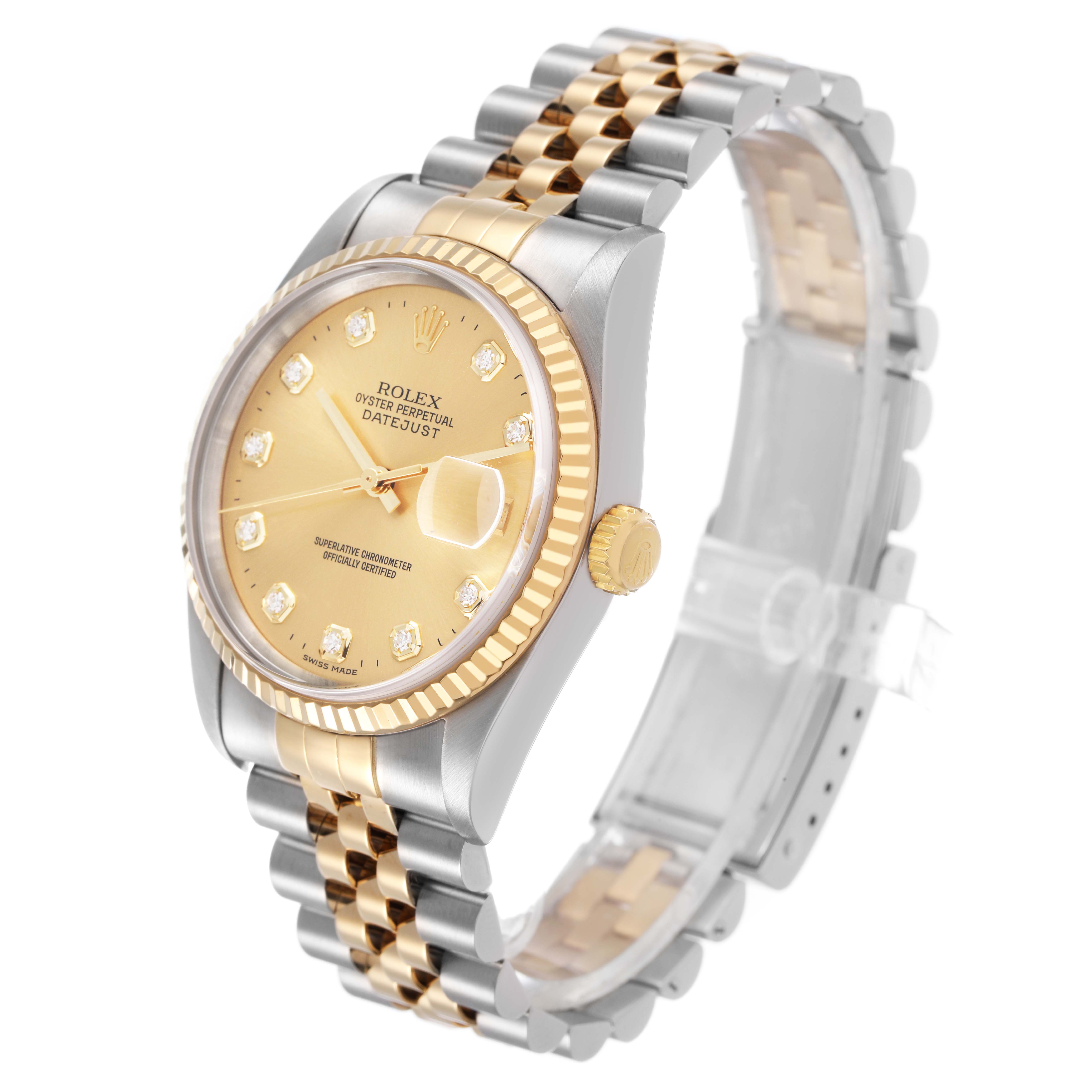 The Rolex Datejust 16233 Men's Steel and Gold (two tone) Champagne Dial watch is shown at a three-quarter angle, highlighting the dial, bezel, bracelet, and crown.