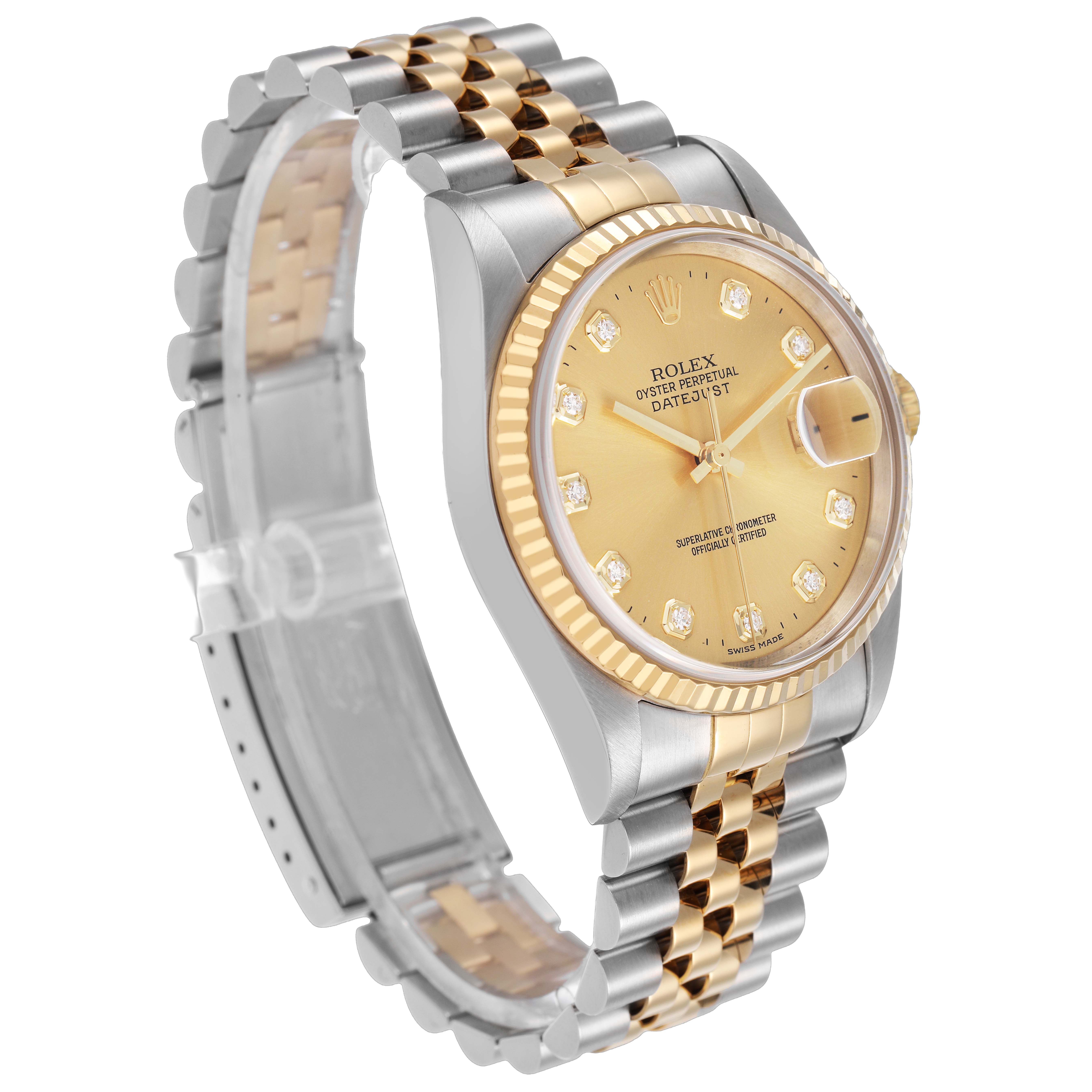 The Rolex Datejust 16233 Men's Steel and Gold (two tone) Champagne Dial watch is shown at a slight side angle, displaying its two-tone bracelet and gold dial with diamond hour markers.