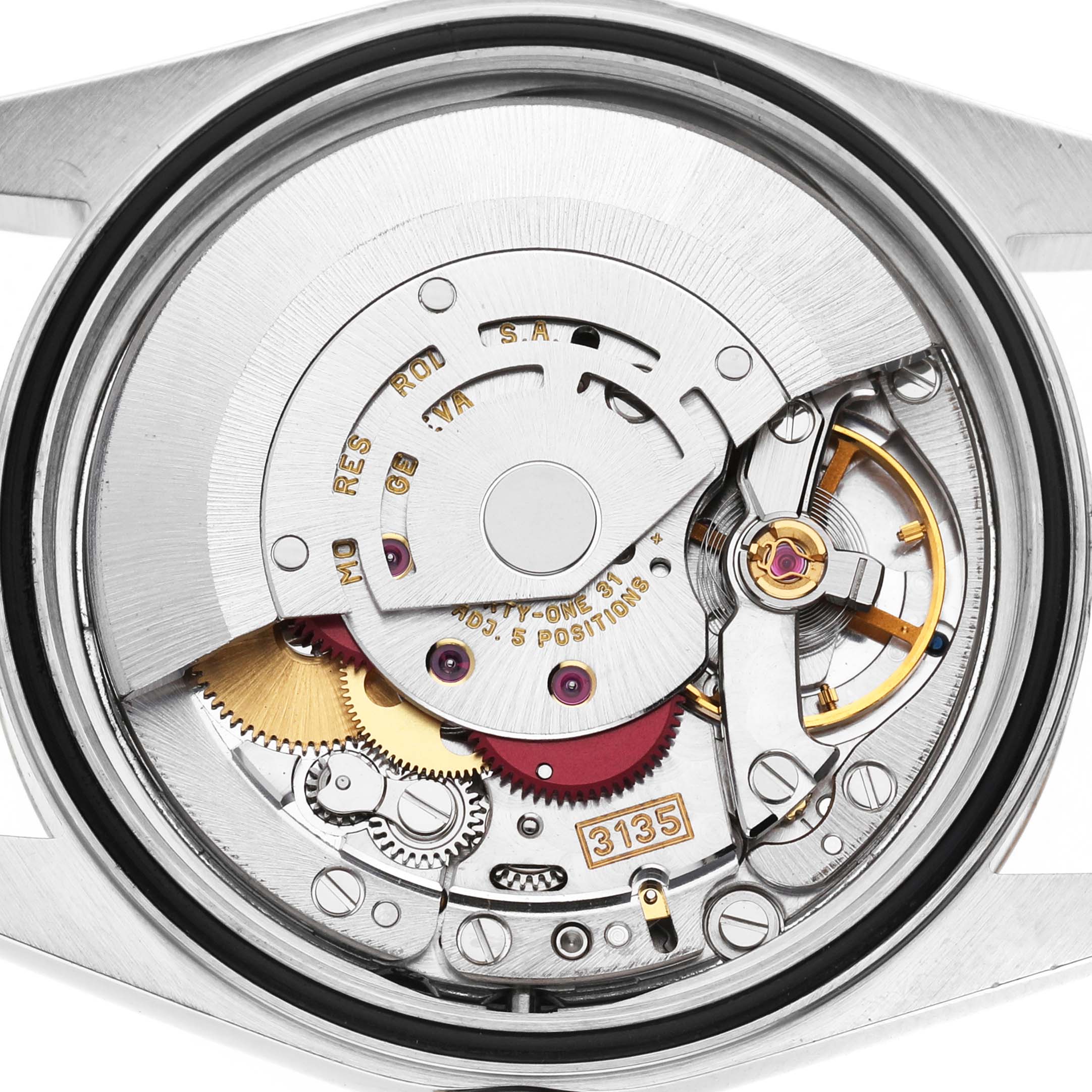 The image shows the movement and internal mechanics of a Rolex Datejust 16233 Men's Steel and Gold (two tone) Champagne Dial watch from a top-down angle.