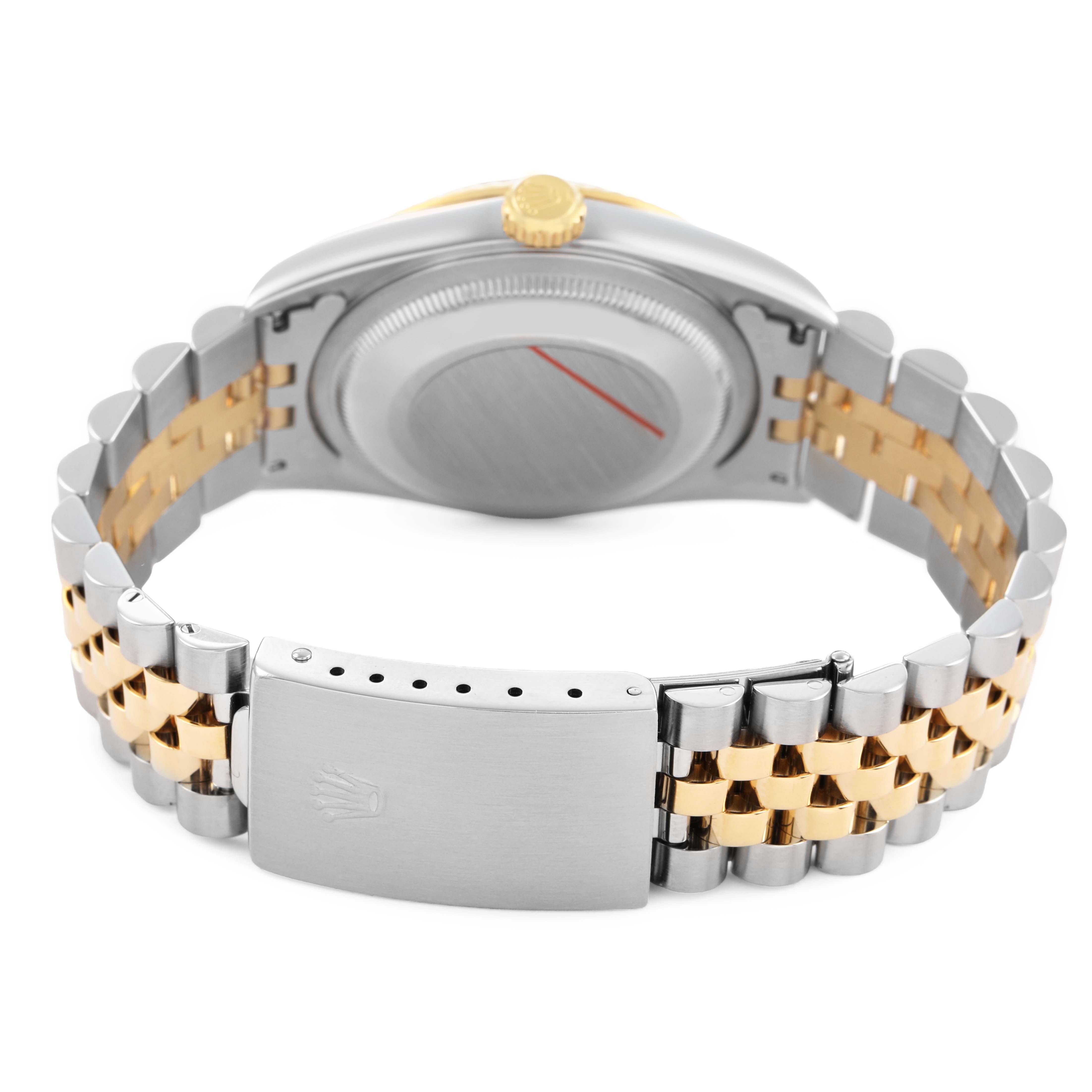 The image shows the back of a Rolex Datejust 16233 Men's Steel and Gold (two tone) Champagne Dial, highlighting the clasp, bracelet, and case back.