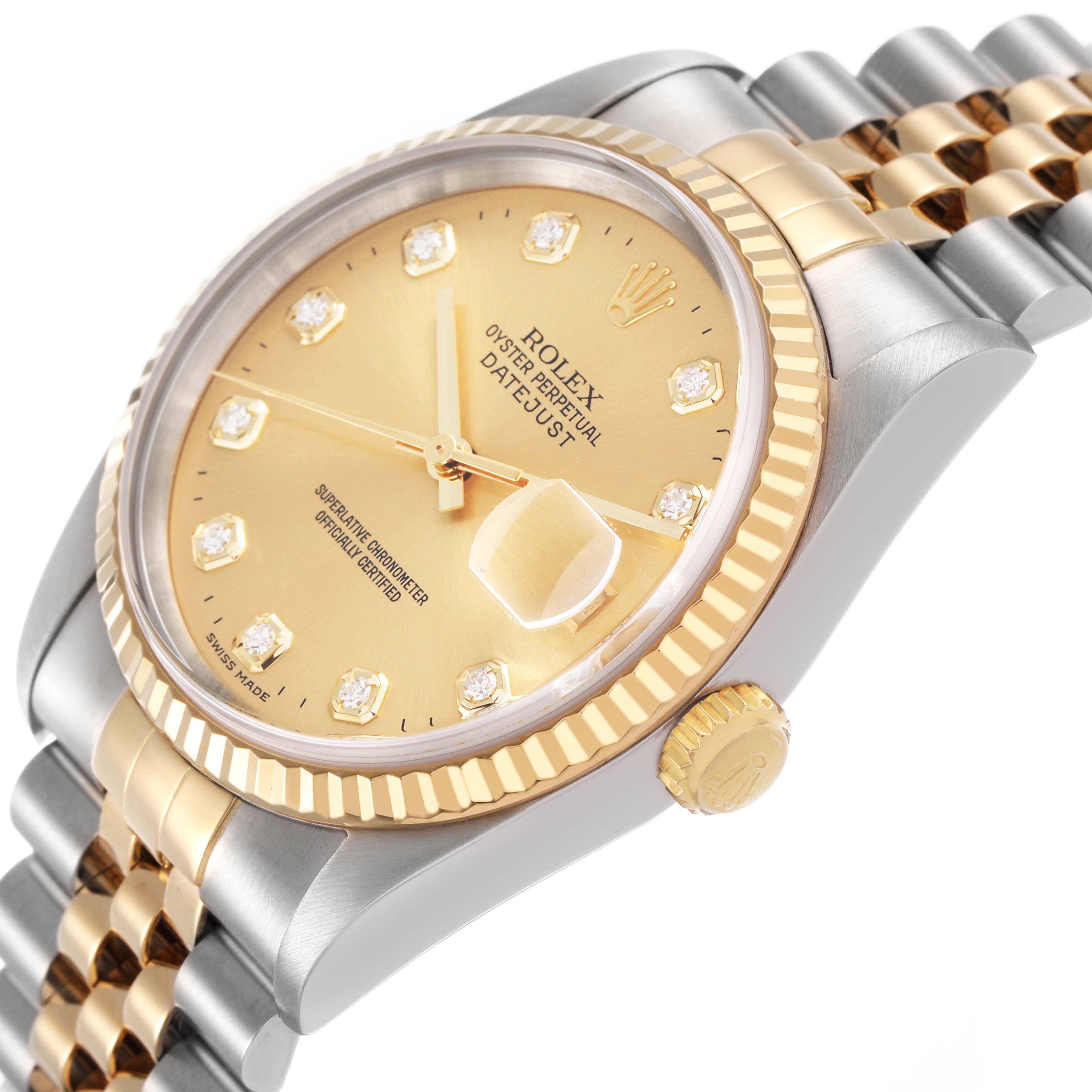 The Rolex Datejust 16233 Men's Steel and Gold (two tone) Champagne Dial watch is shown at an angled side view, highlighting the dial, bezel, crown, and bracelet.