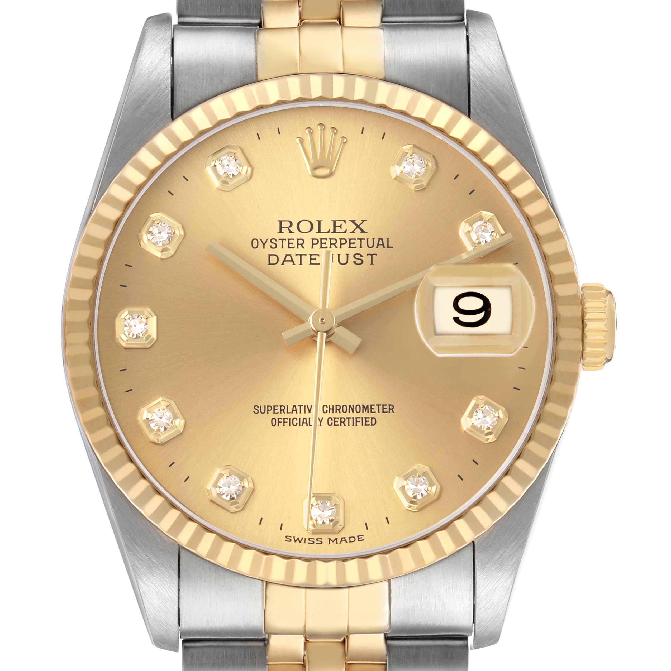 The Rolex Datejust 16233 Men's Steel and Gold (two tone) Champagne Dial watch is shown from a frontal angle, highlighting the dial, bezel, and part of the bracelet.