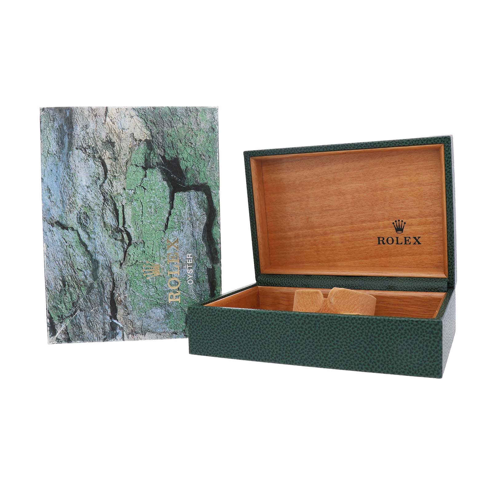 The image shows the box and packaging for a Rolex Datejust 16233 Men's Steel and Gold (two tone) Champagne Dial, featuring a textured outer box and an open green watch case.