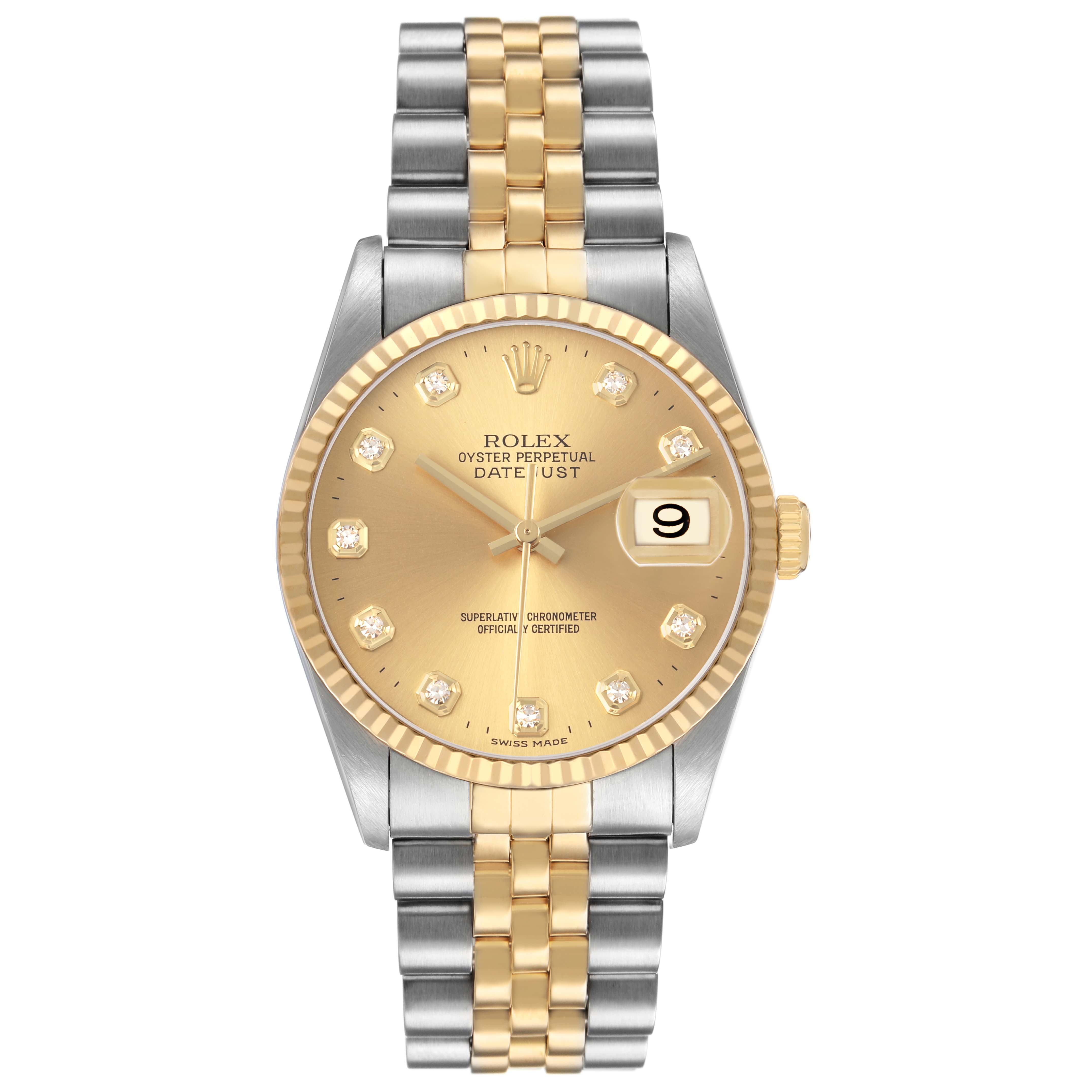 The Rolex Datejust 16233 Men's Steel and Gold (two tone) Champagne Dial watch is shown from the front, displaying the dial, bezel, and part of the bracelet.