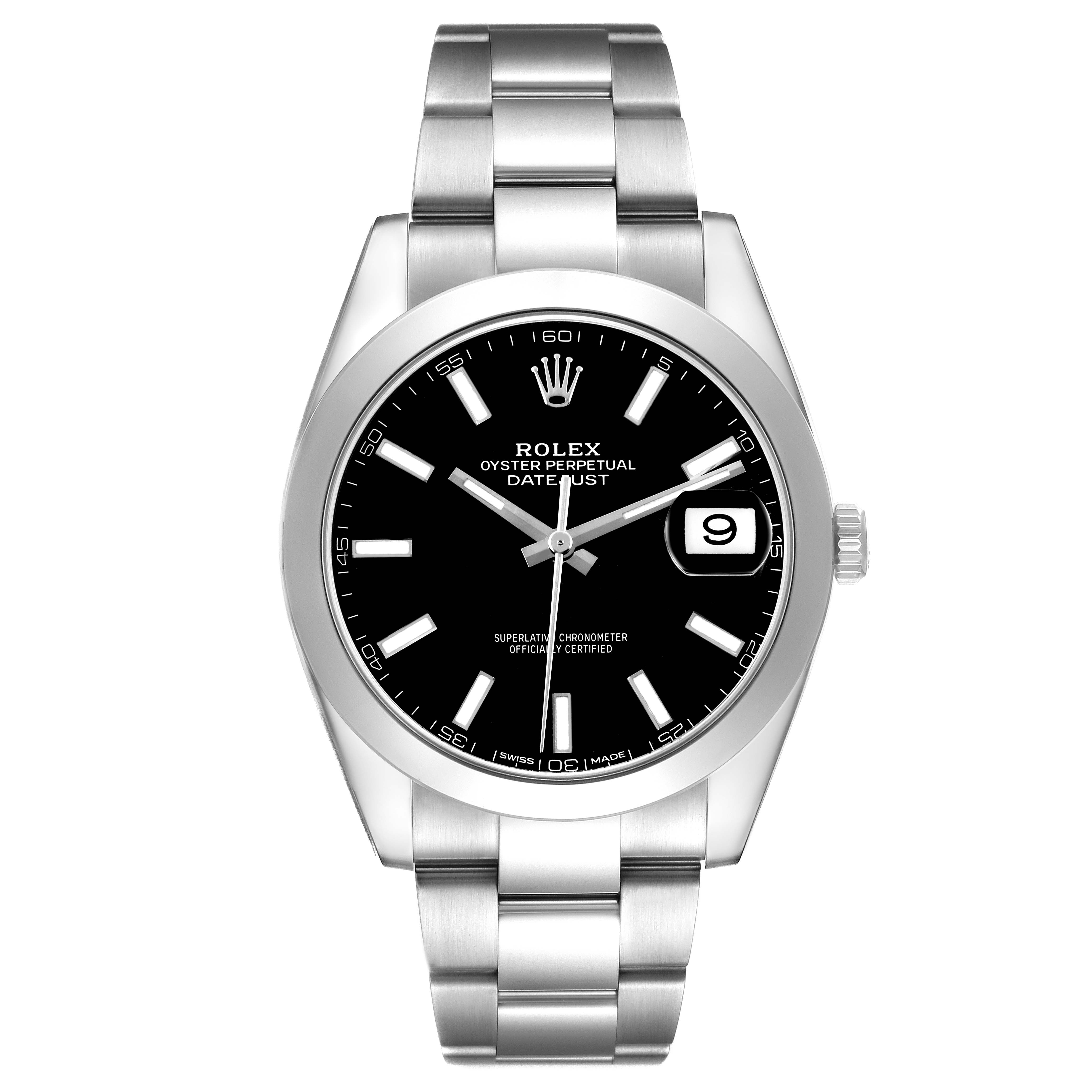 The image shows a Rolex Datejust 41 126300 Men's Stainless Steel Black Dial watch from a frontal angle, displaying the dial, bracelet, and case.